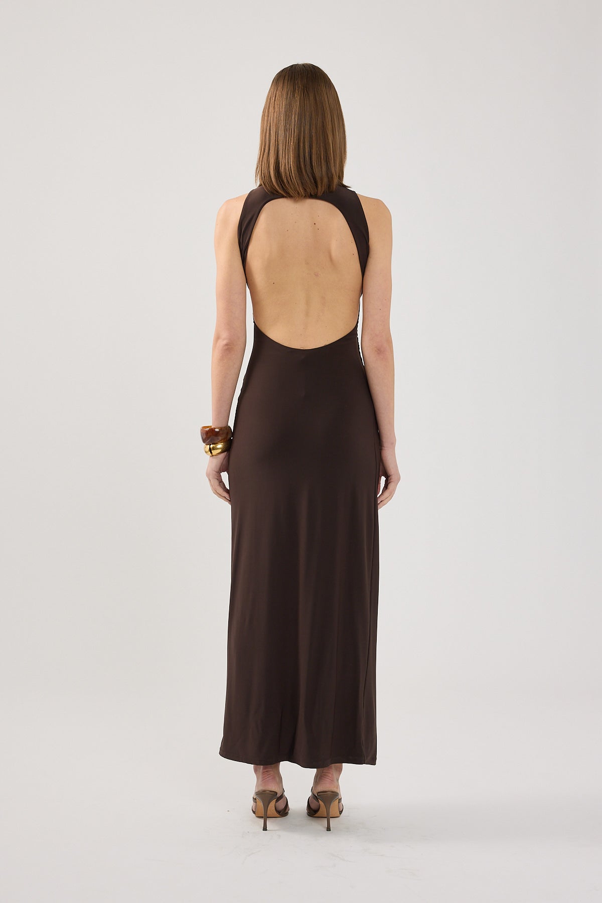 Perfect Stranger Havana High Neck Open Back Maxi Dress Brown