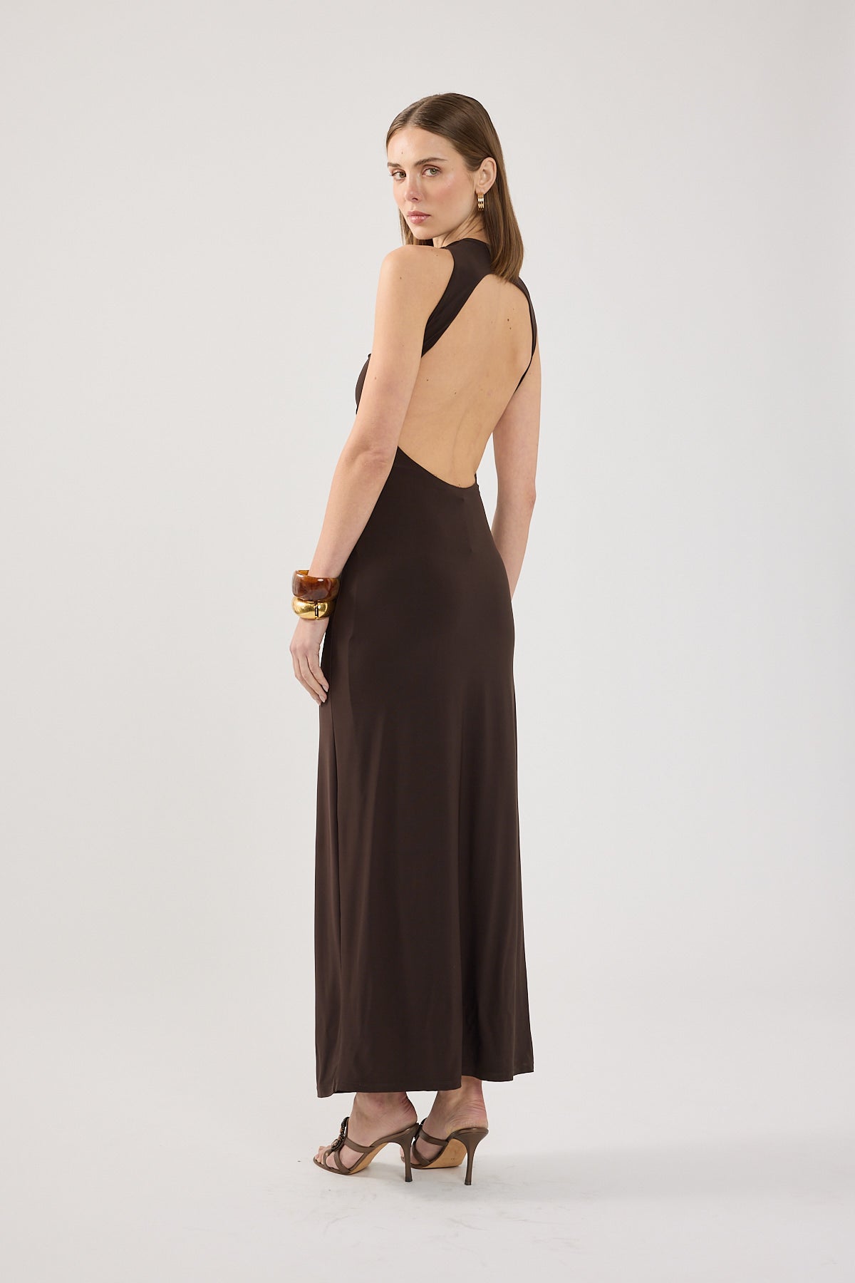 Perfect Stranger Havana High Neck Open Back Maxi Dress Brown