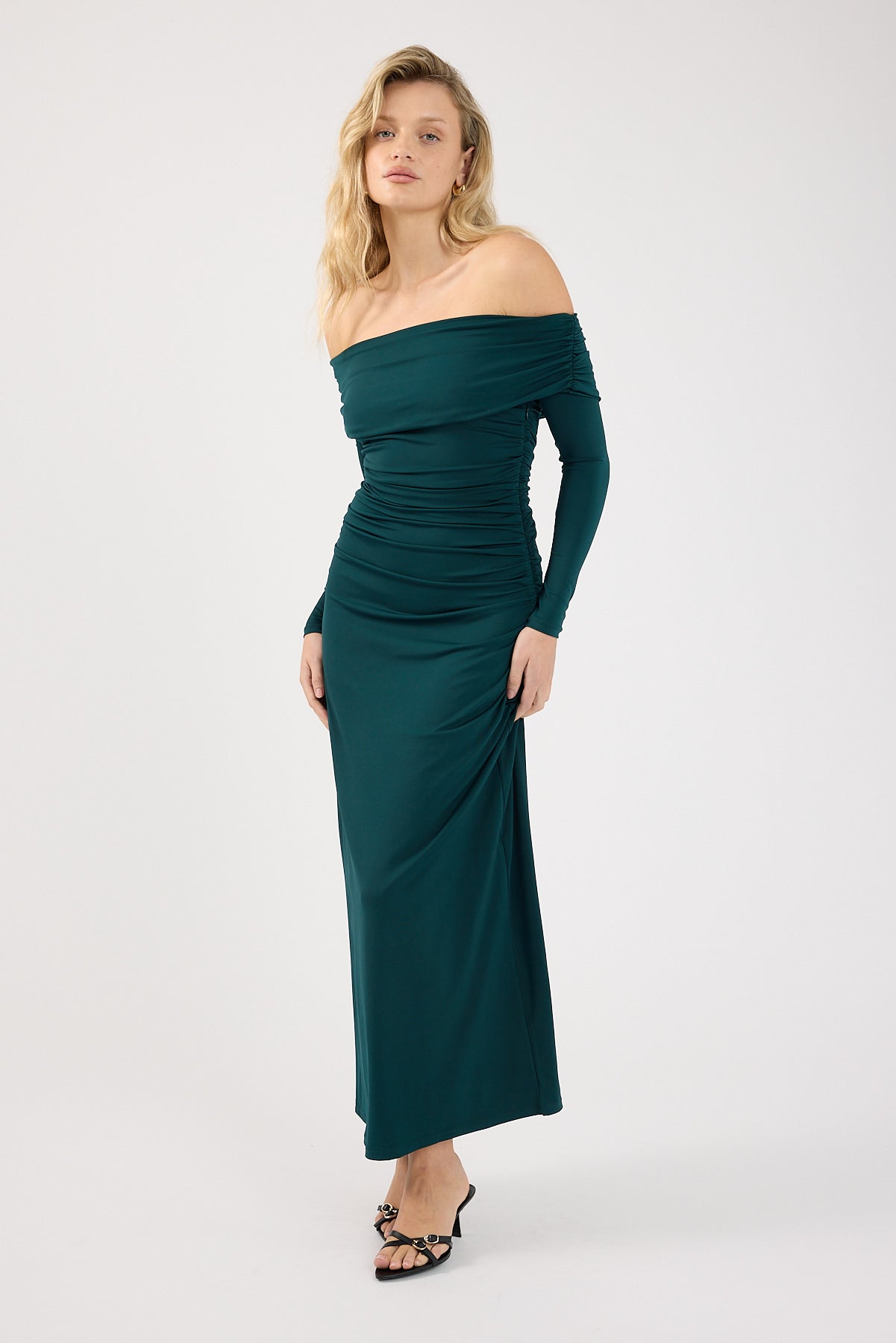 Perfect Stranger Rosetta Off Shoulder Long Sleeve Maxi Dress Green