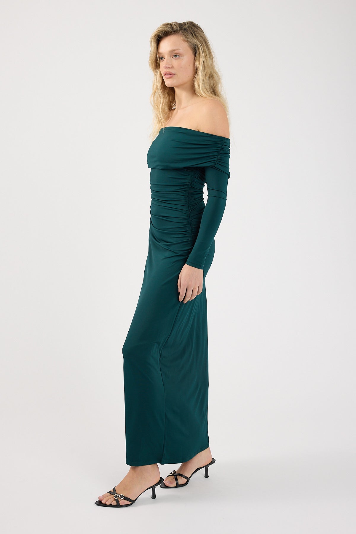Perfect Stranger Rosetta Off Shoulder Long Sleeve Maxi Dress Green