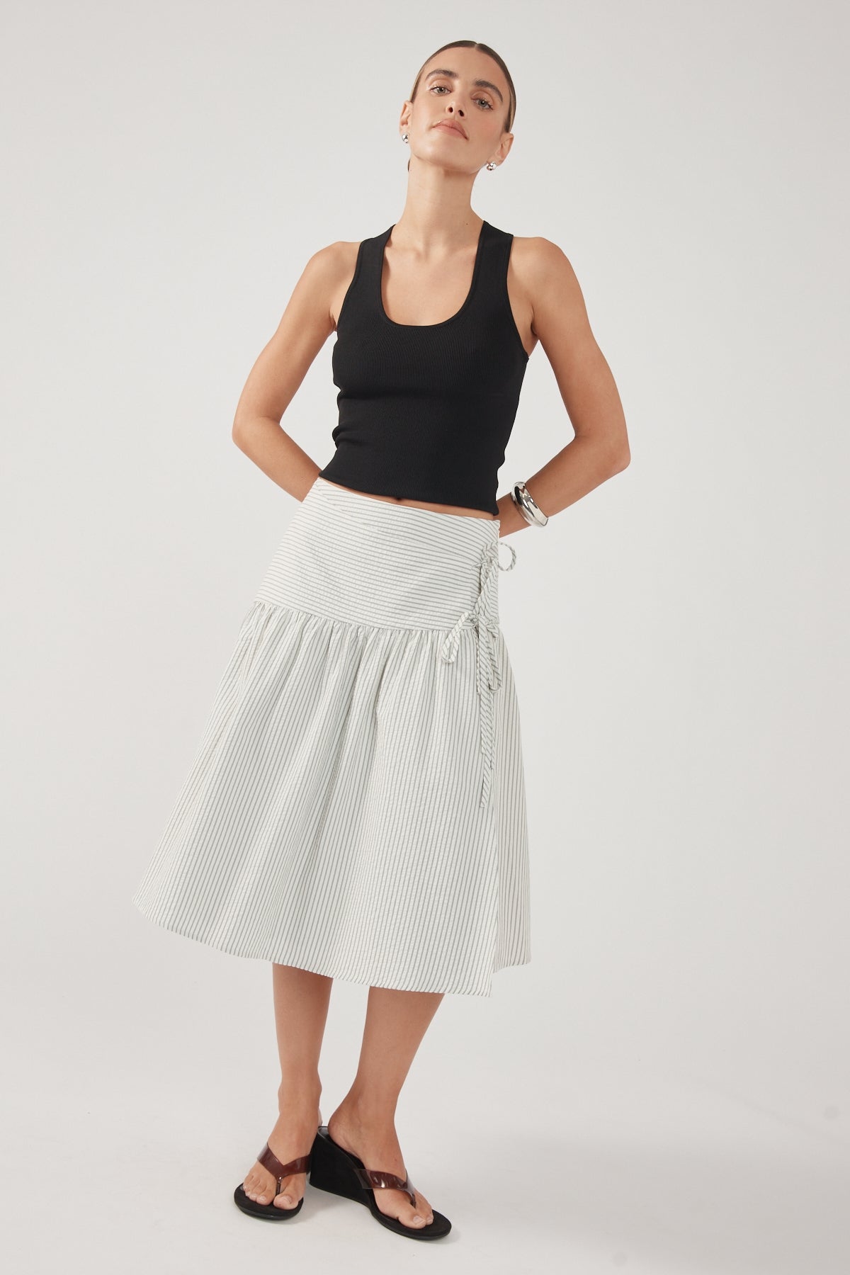 Perfect Stranger Mysti Wrap Midi Skirt White and Black Stripe