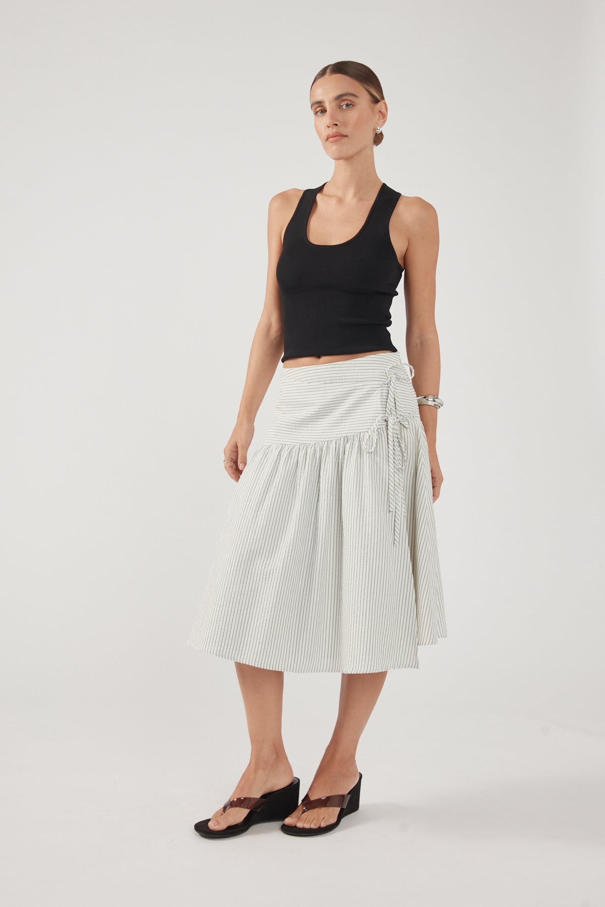 Perfect Stranger Mysti Wrap Midi Skirt White and Black Stripe
