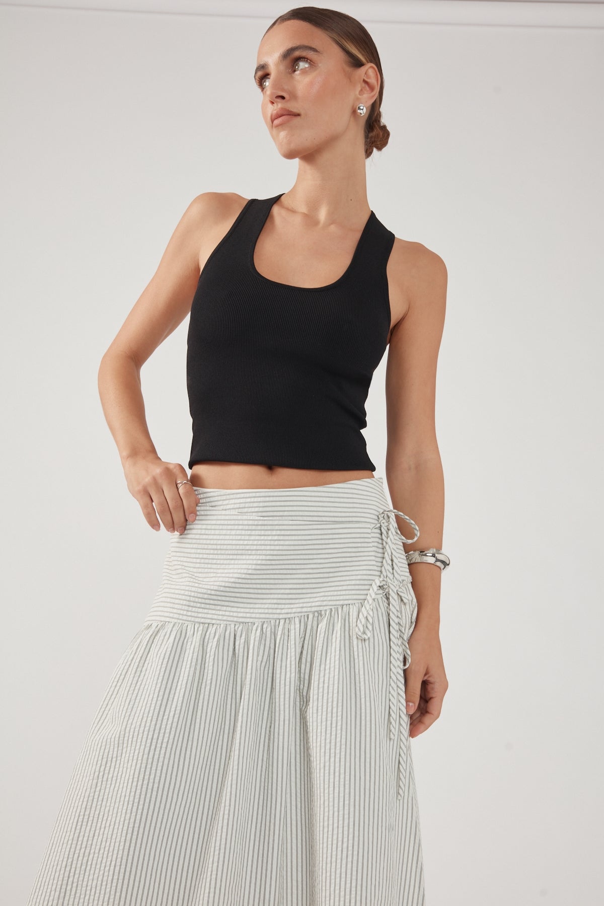 Perfect Stranger Mysti Wrap Midi Skirt White and Black Stripe