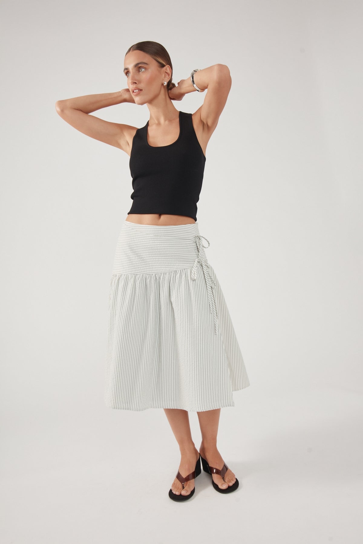 Perfect Stranger Mysti Wrap Midi Skirt White and Black Stripe