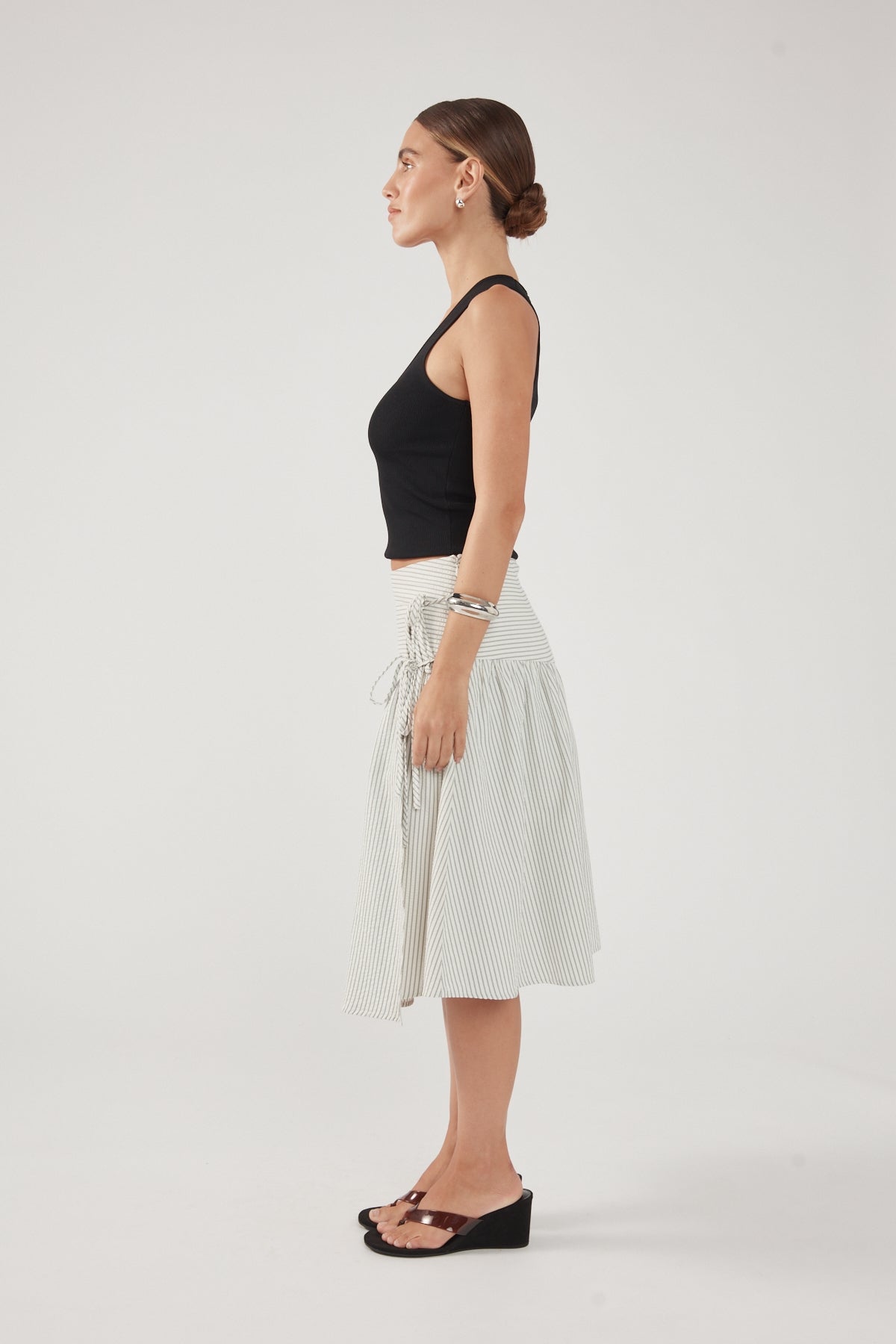 Perfect Stranger Mysti Wrap Midi Skirt White and Black Stripe