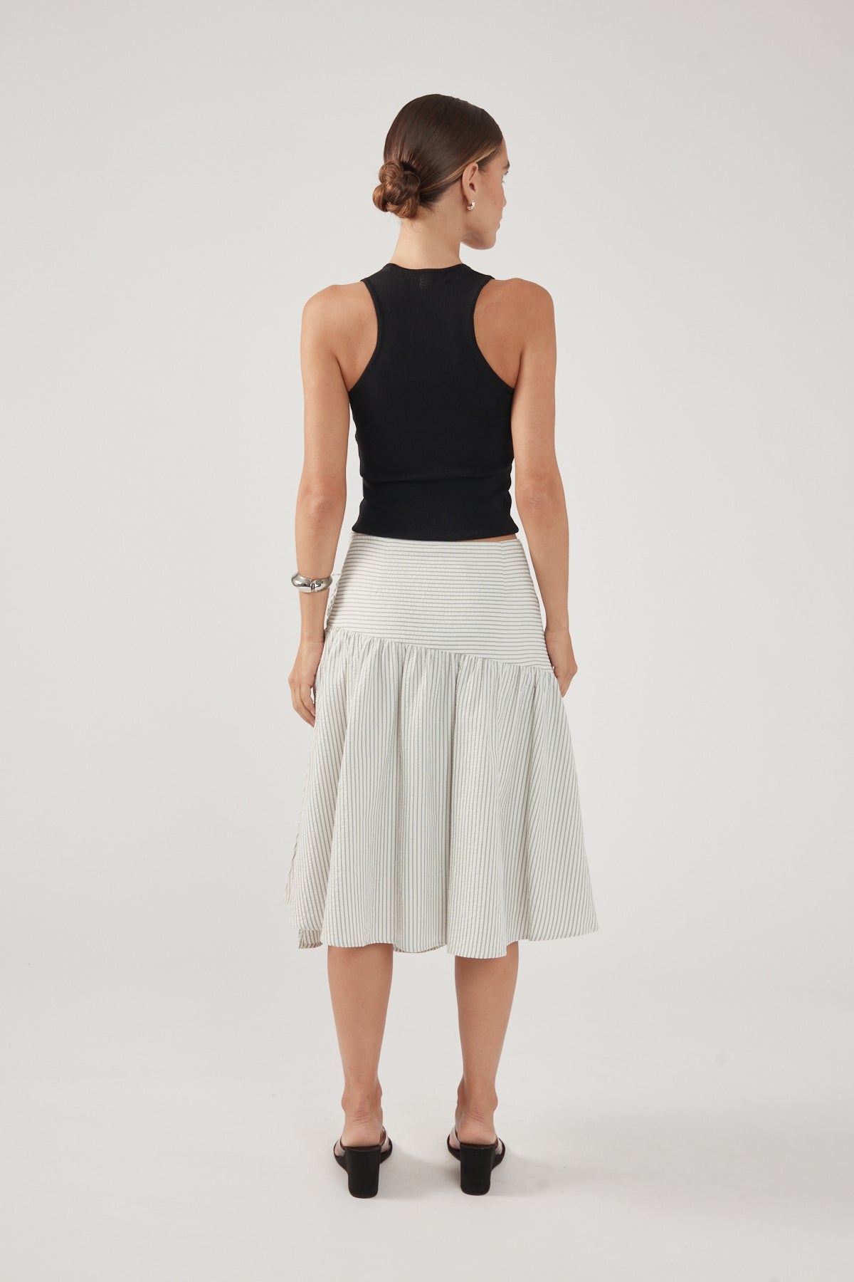Perfect Stranger Mysti Wrap Midi Skirt White and Black Stripe
