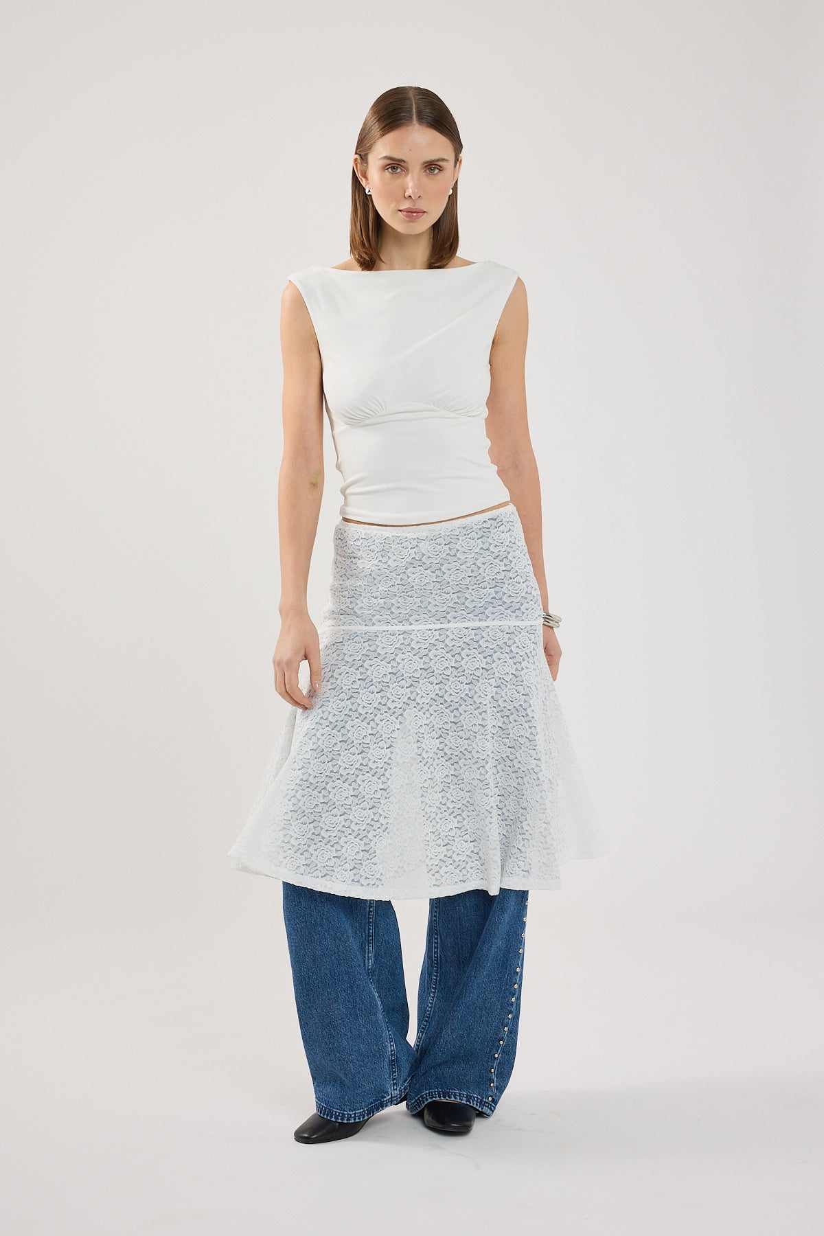 Perfect Stranger Loretta Lace Midi Skirt White