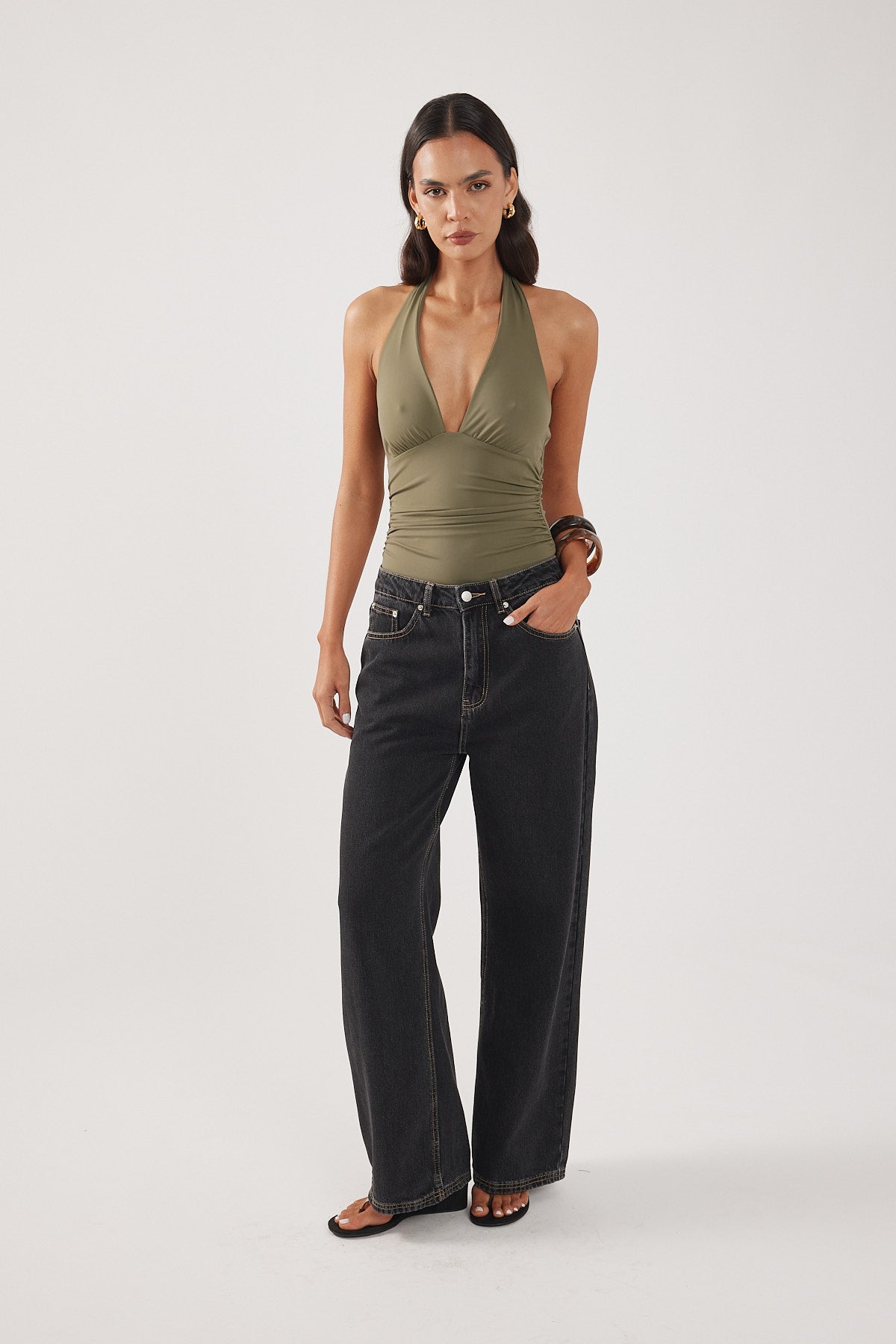Perfect Stranger Ryder Halter Bodysuit Khaki
