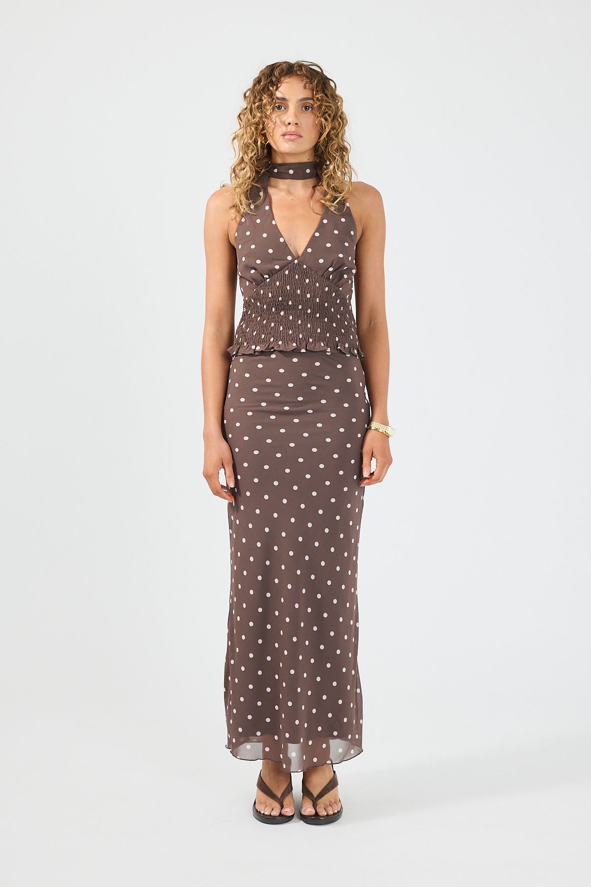 Perfect Stranger Polka Wish Halter Top Brown