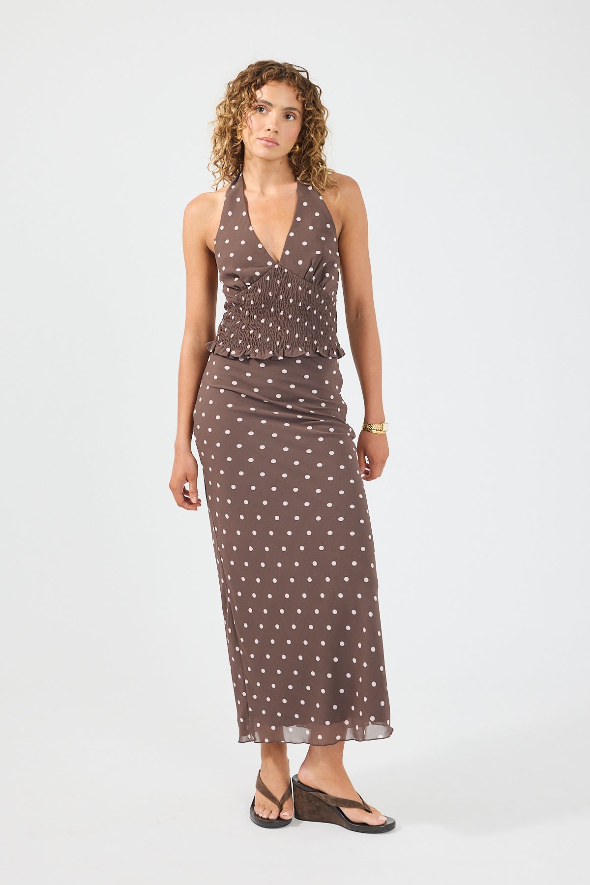 Perfect Stranger Polka Wish Halter Top Brown
