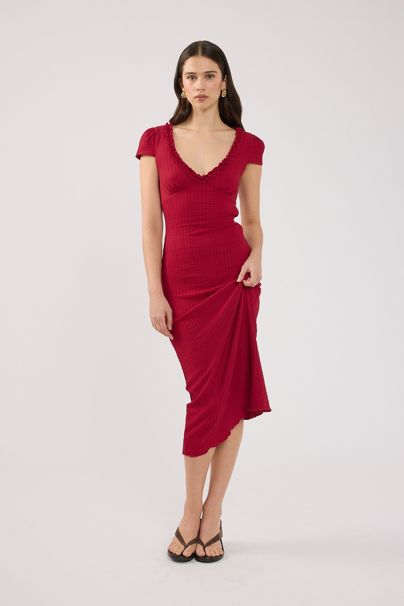 midi red dress with sleeves Perfect Stranger Mimsy Short Sleeve Midi Dress Red