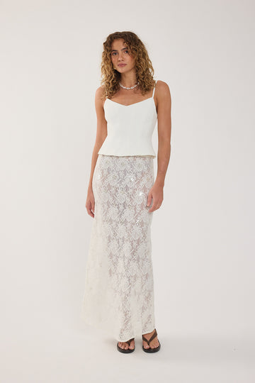 Perfect Stranger Lotta Lace Sequin Maxi Skirt White