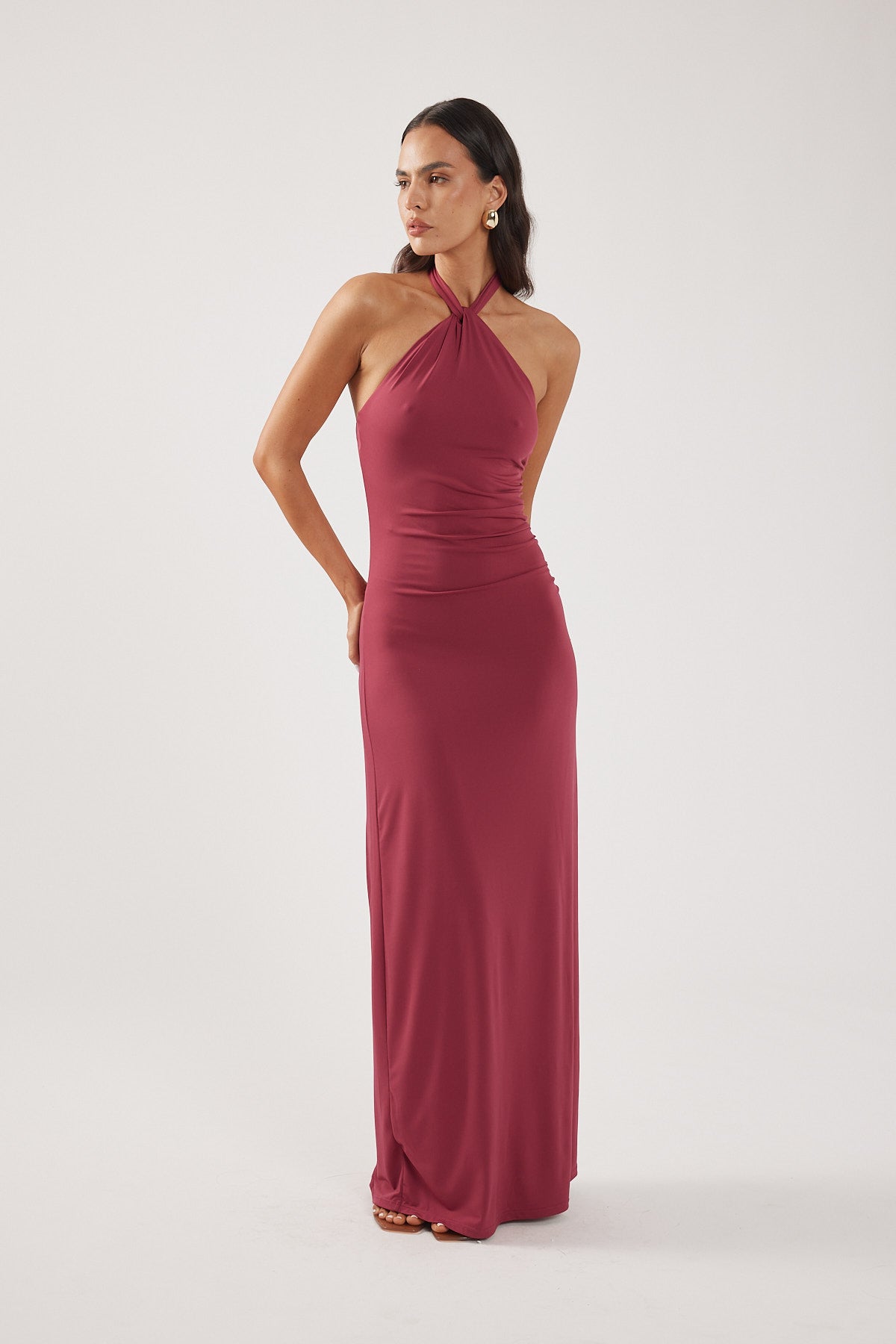 Perfect Stranger Isla Halter Twist Maxi Dress Burgundy