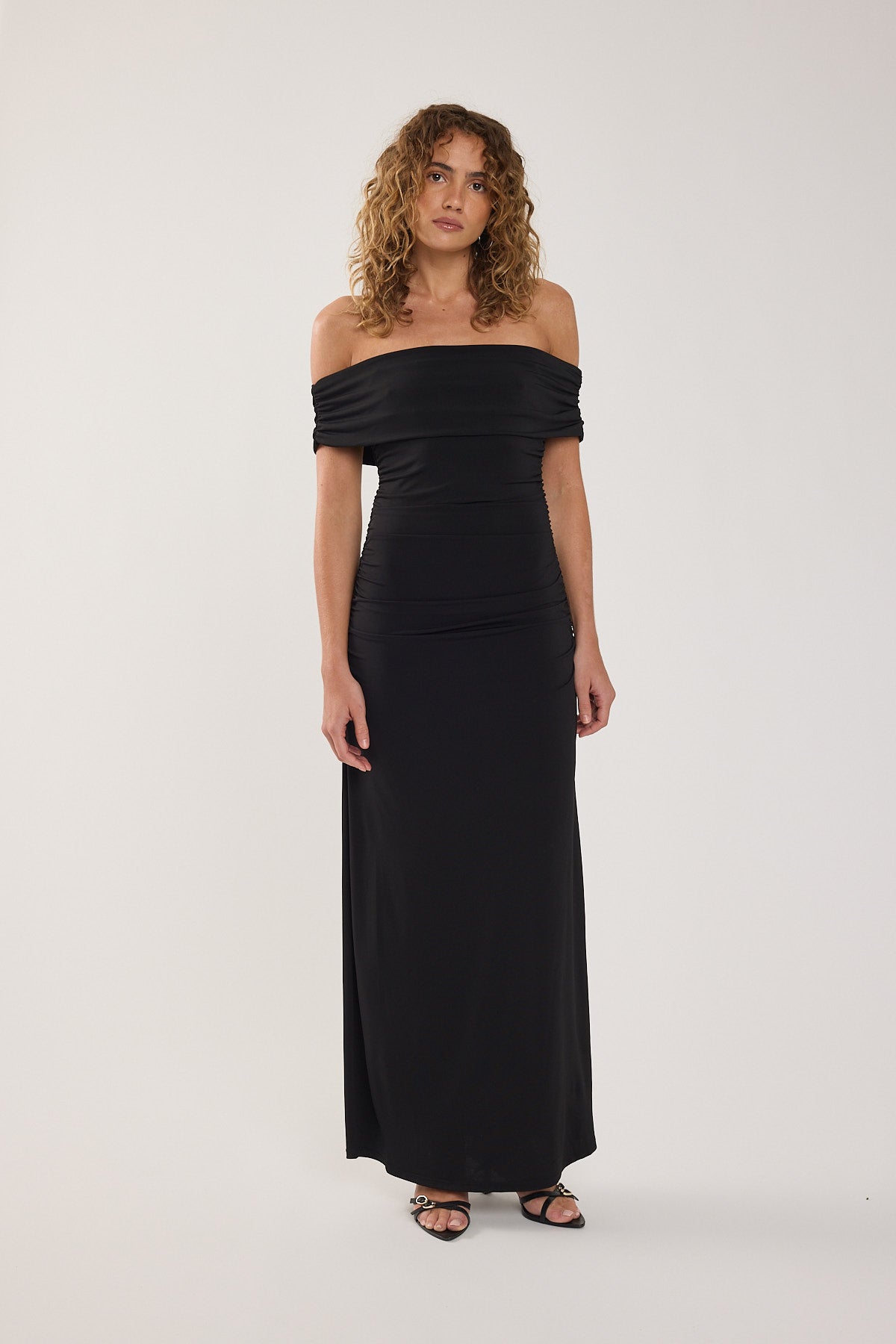 Perfect Stranger Rosetta Off Shoulder Maxi Dress Black