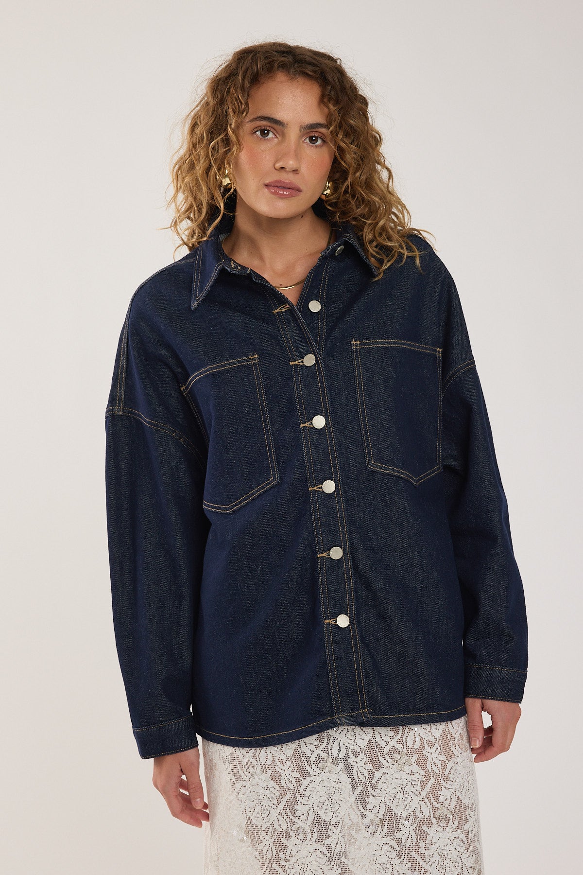 Perfect Stranger Wren Denim Over Shirt Dark Blue Denim