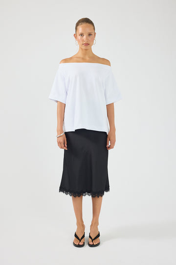Perfect Stranger Evoke Satin Lace Midi Skirt Black