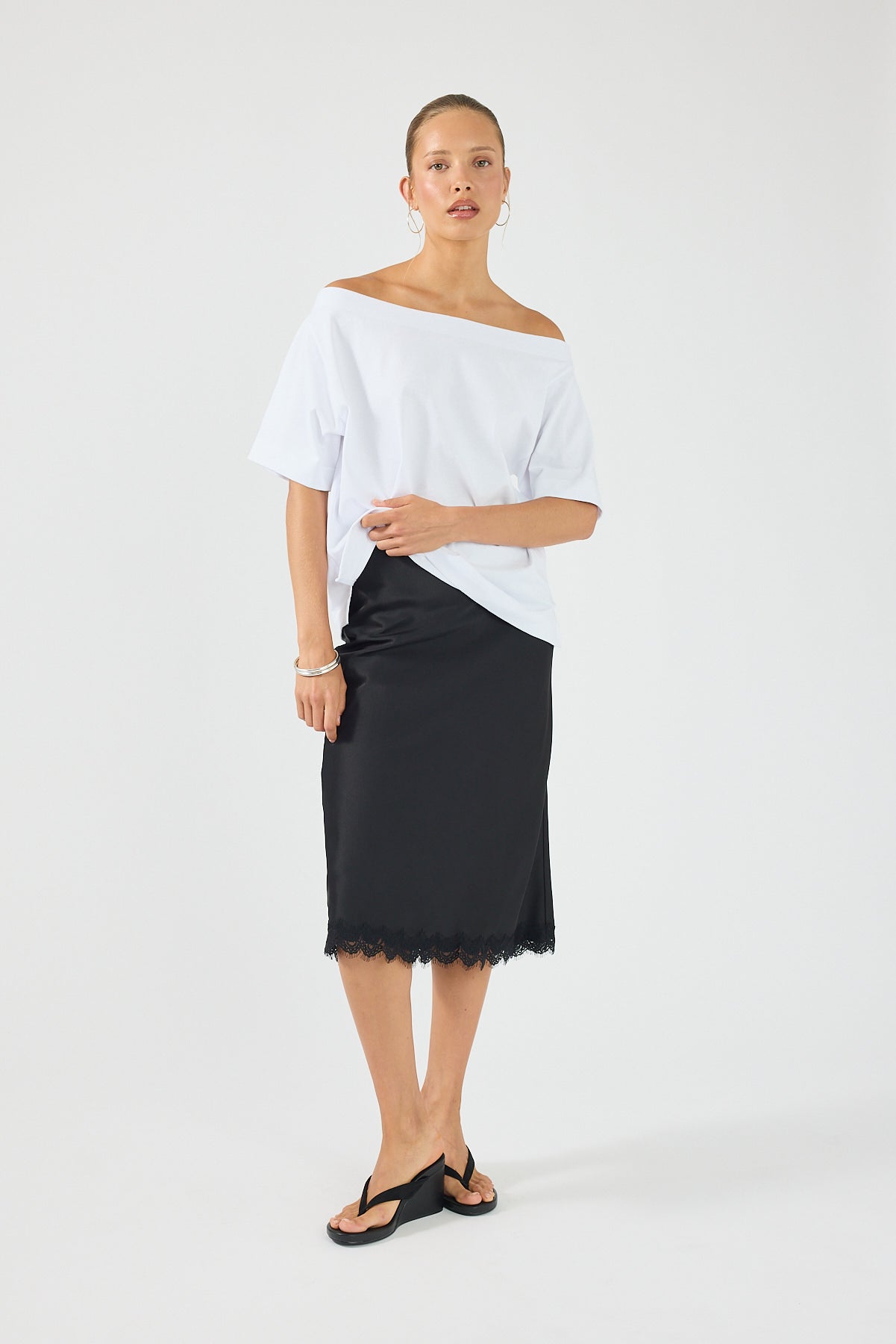 Perfect Stranger Evoke Satin Lace Midi Skirt Black