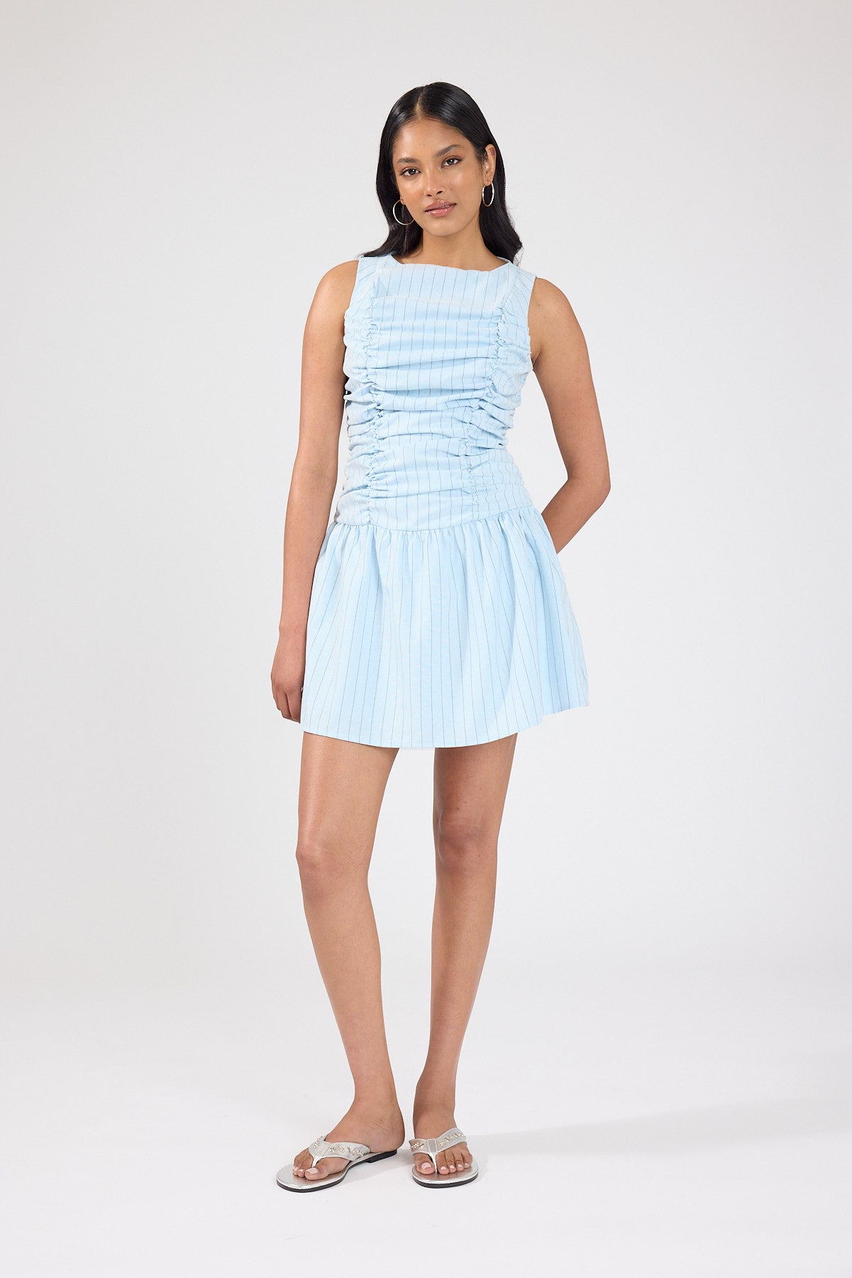 Perfect Stranger Nikki Gathered High Neck Mini Dress Blue Stripe