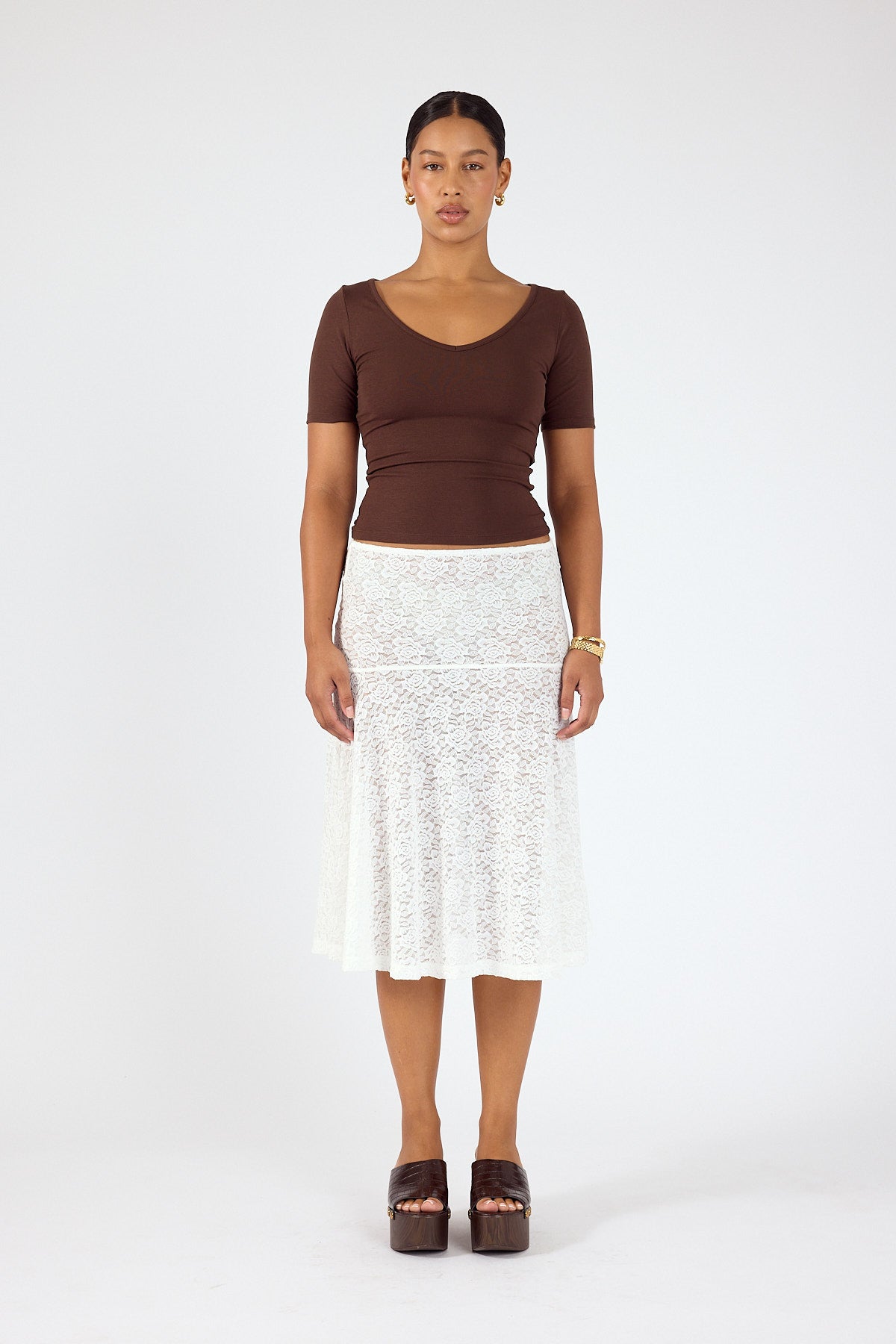 Perfect Stranger Longline V-Neck Tee Brown