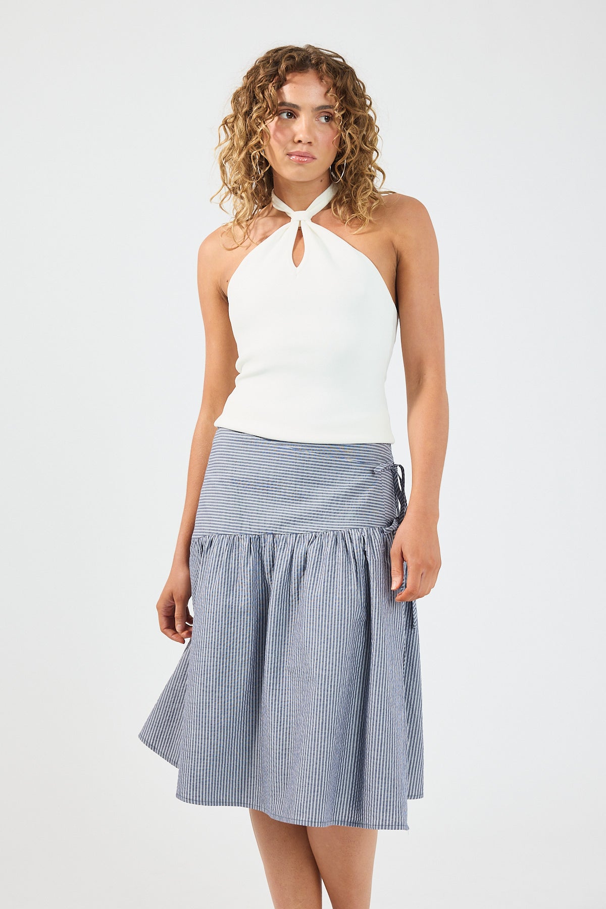 Perfect Stranger Mysti Wrap Midi Skirt Navy Stripe