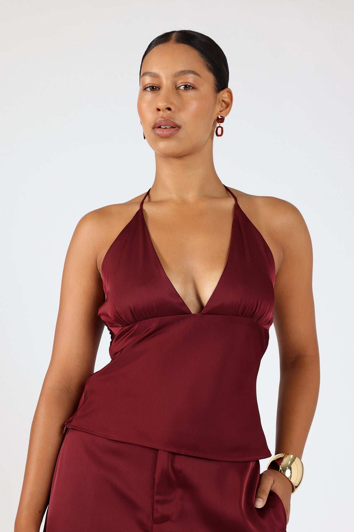 Perfect Stranger Gia Satin Halter Top Burgundy
