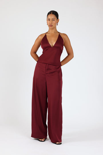 Perfect Stranger Ellie Satin Mid Rise Tailored Pants Burgundy