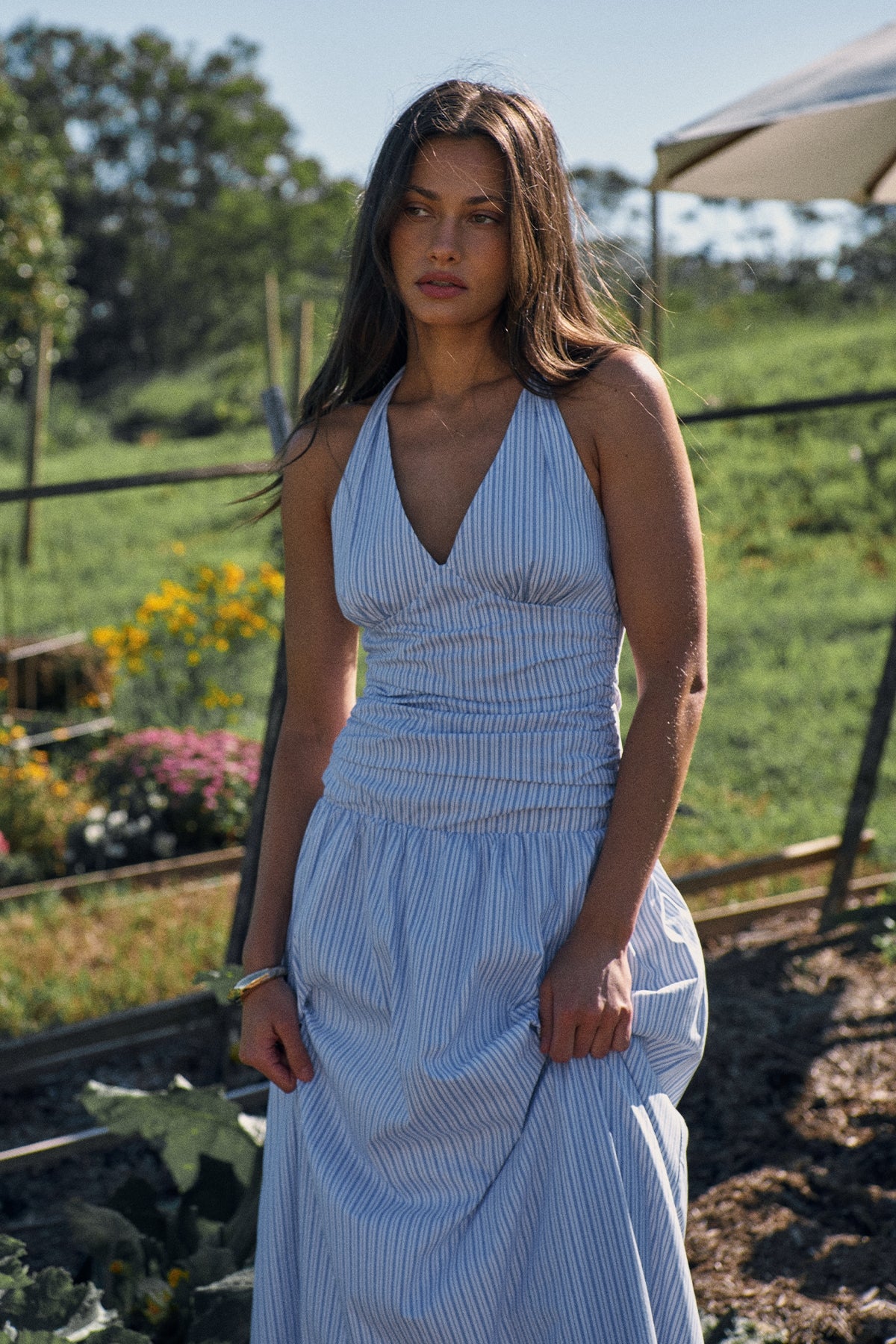 Perfect Stranger Skye Stripe Halter Maxi Dress Blue Stripe