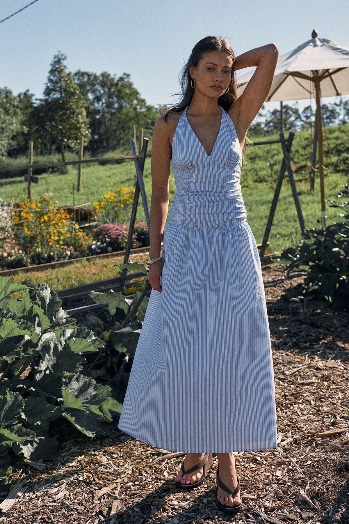 Perfect Stranger Skye Stripe Halter Maxi Dress Blue Stripe