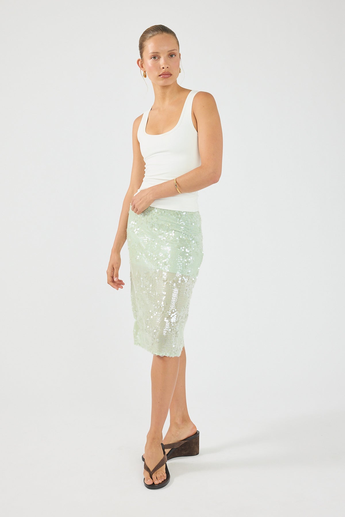 Perfect Stranger Zelie Sequin Midi Skirt Mint