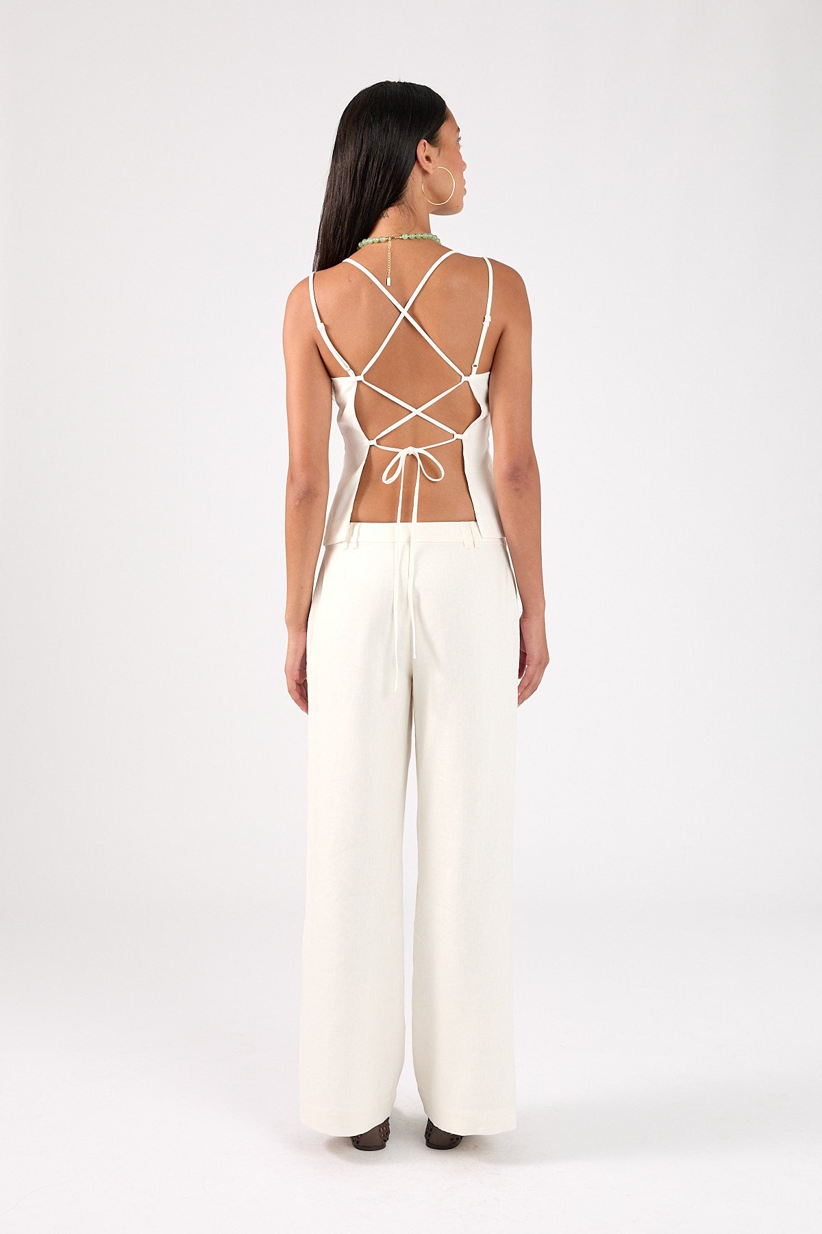 Perfect Stranger Tauni Linen Lace Up Back Top White