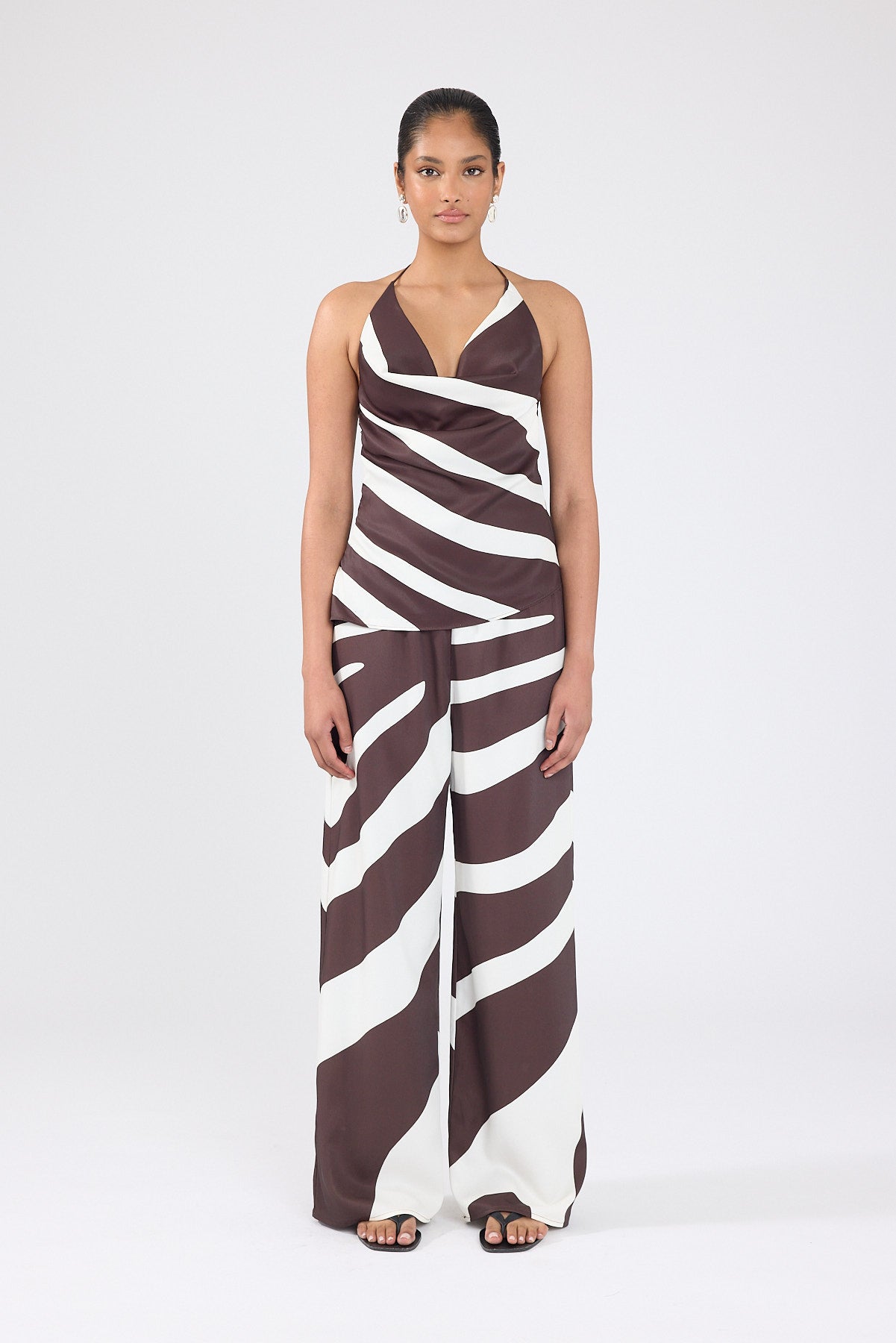 Perfect Stranger Drift Printed Cowl Neck Top Brown/White Print