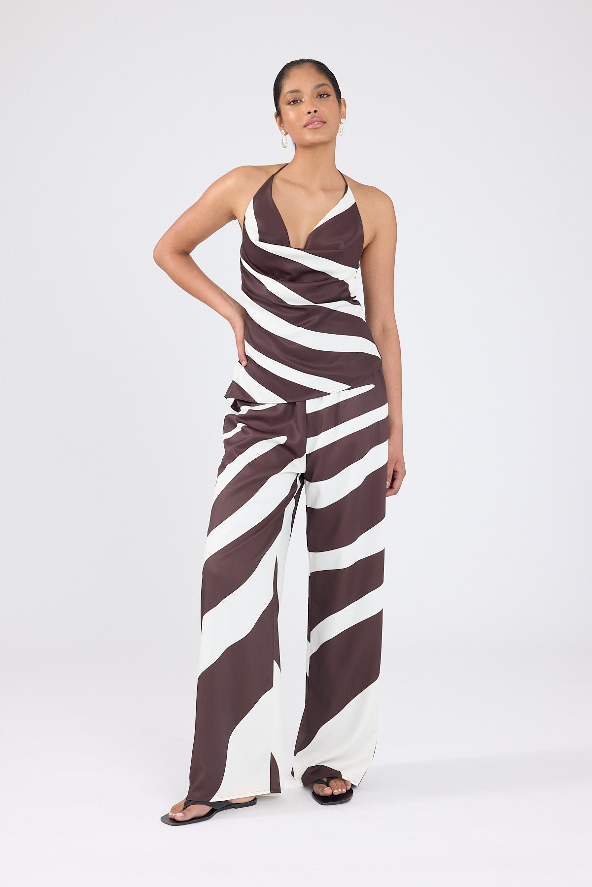 Perfect Stranger Drift Printed Cowl Neck Top Brown/White Print