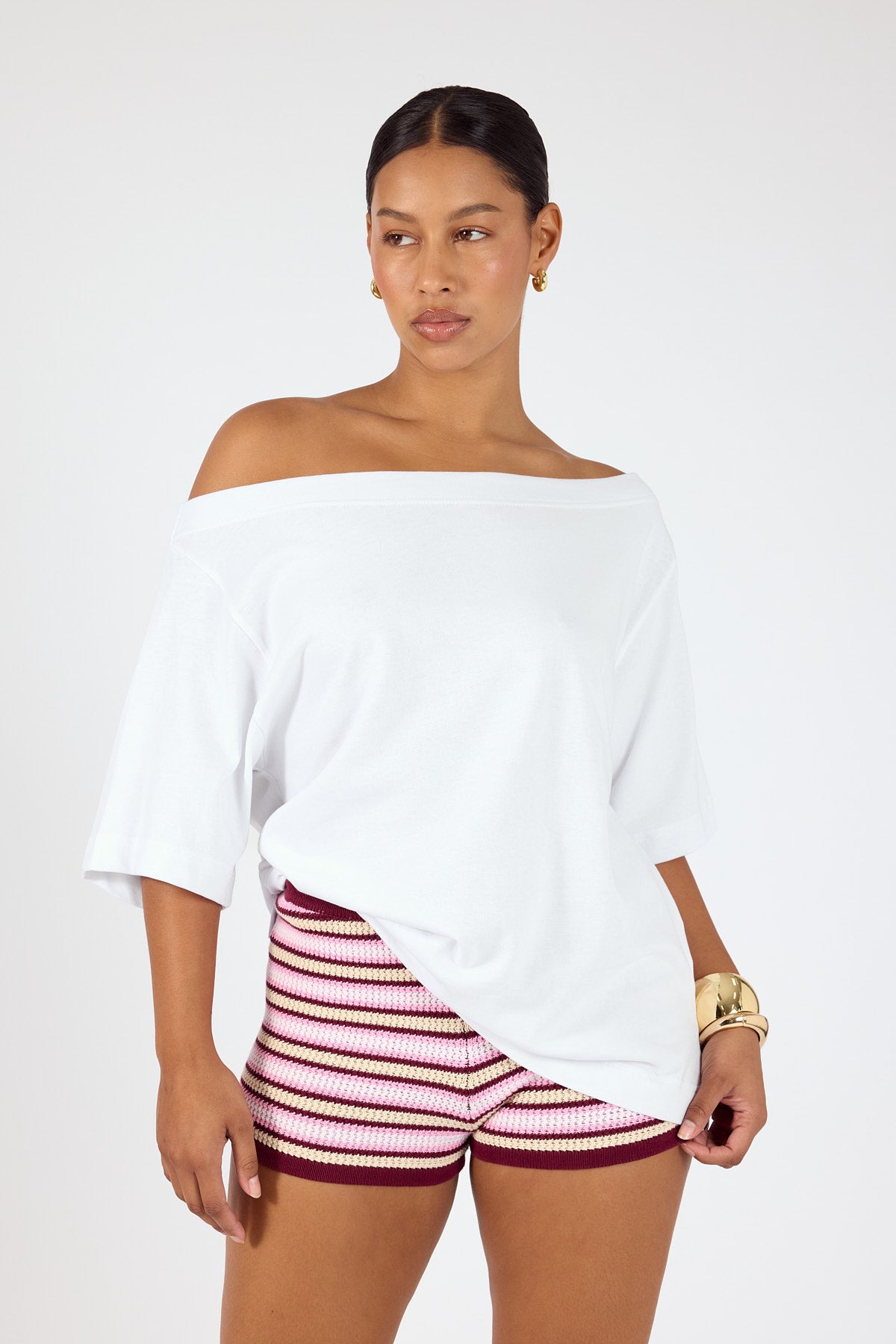 Perfect Stranger Dawn Crochet Mini Shorts Burgundy Stripe