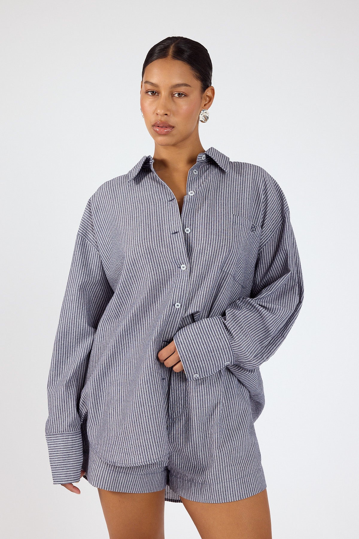 Perfect Stranger Mirae Striped Oversized Shirt Navy Stripe