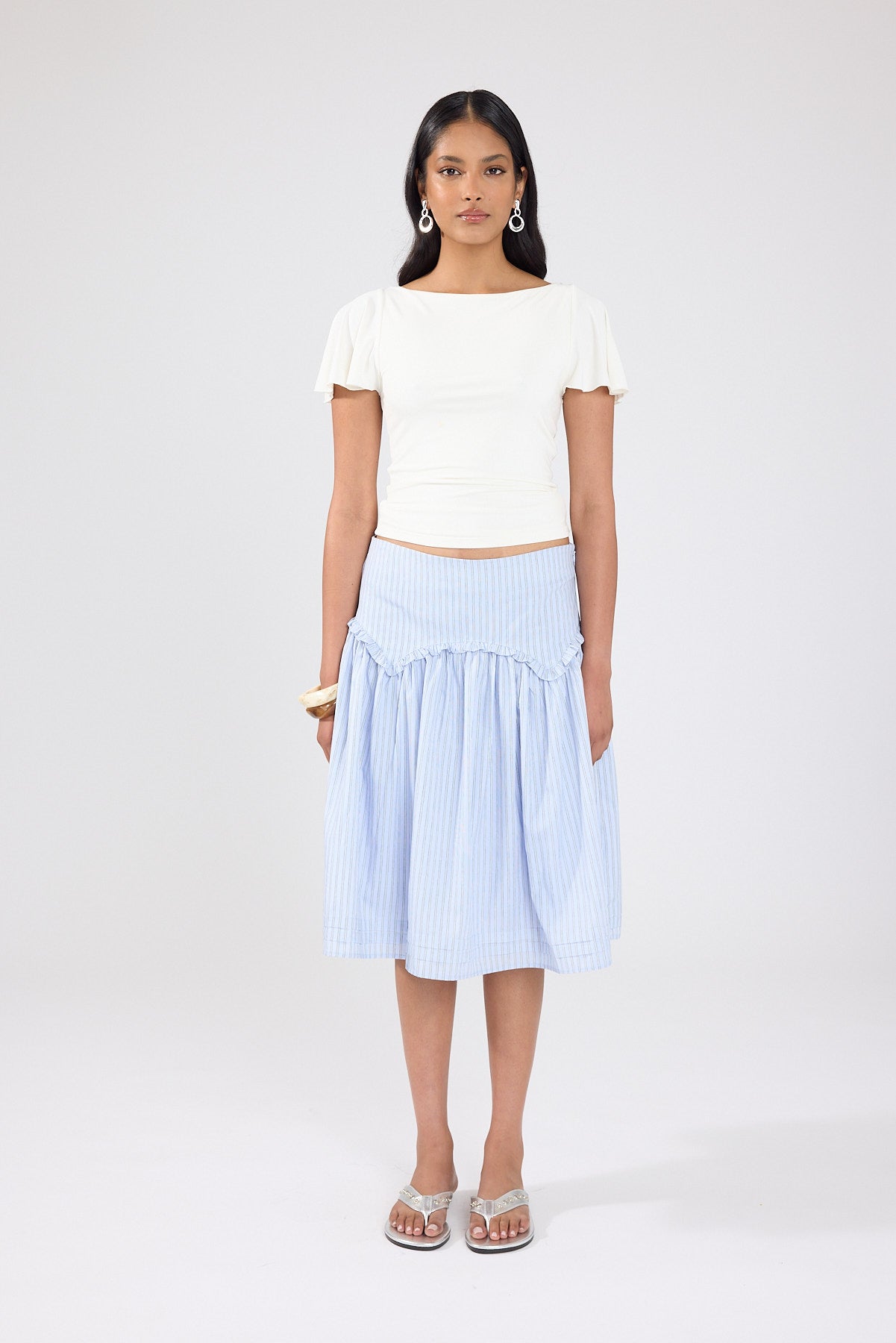 Perfect Stranger Montel Mid Rise Midi Skirt Blue Stripe
