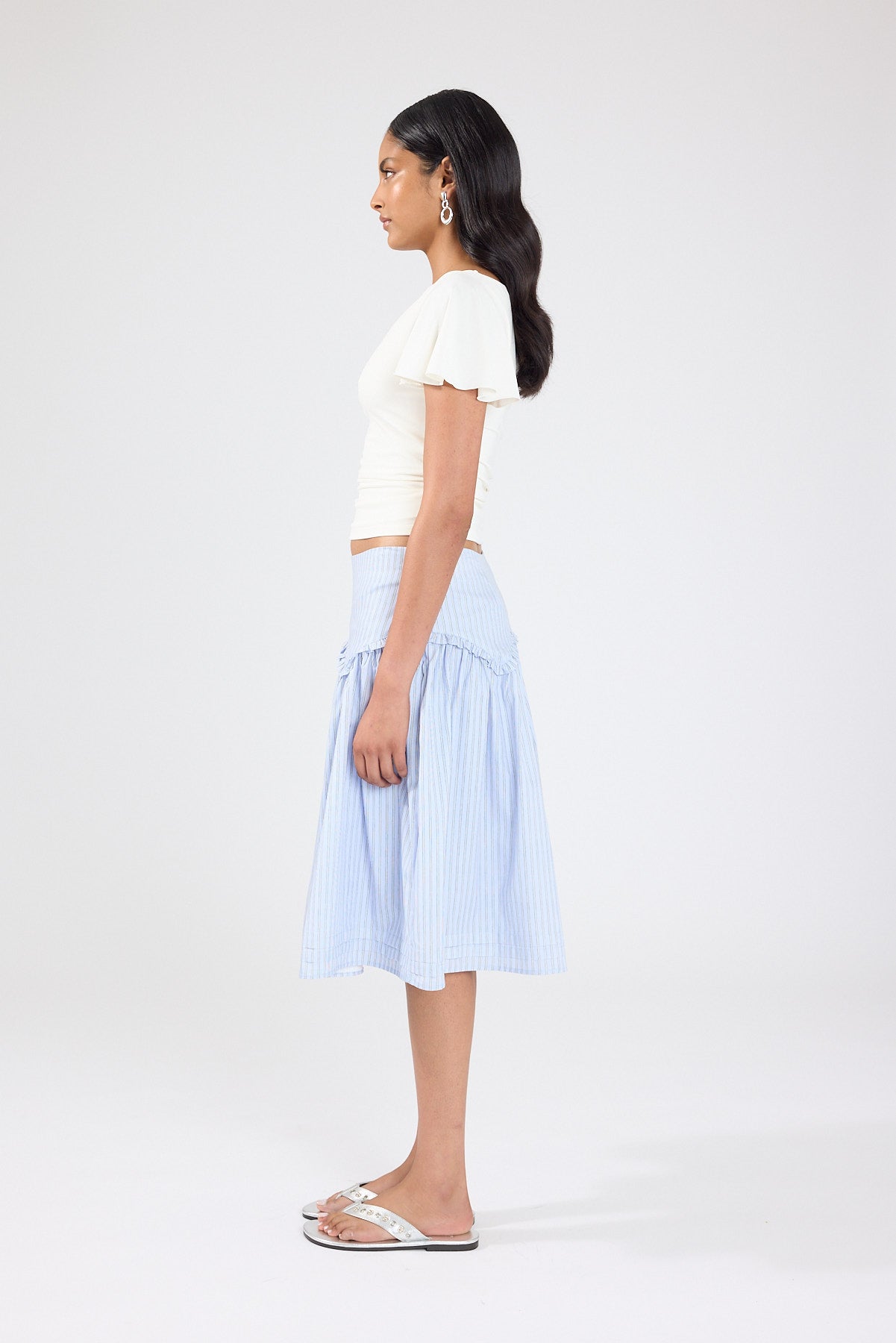 Perfect Stranger Montel Mid Rise Midi Skirt Blue Stripe