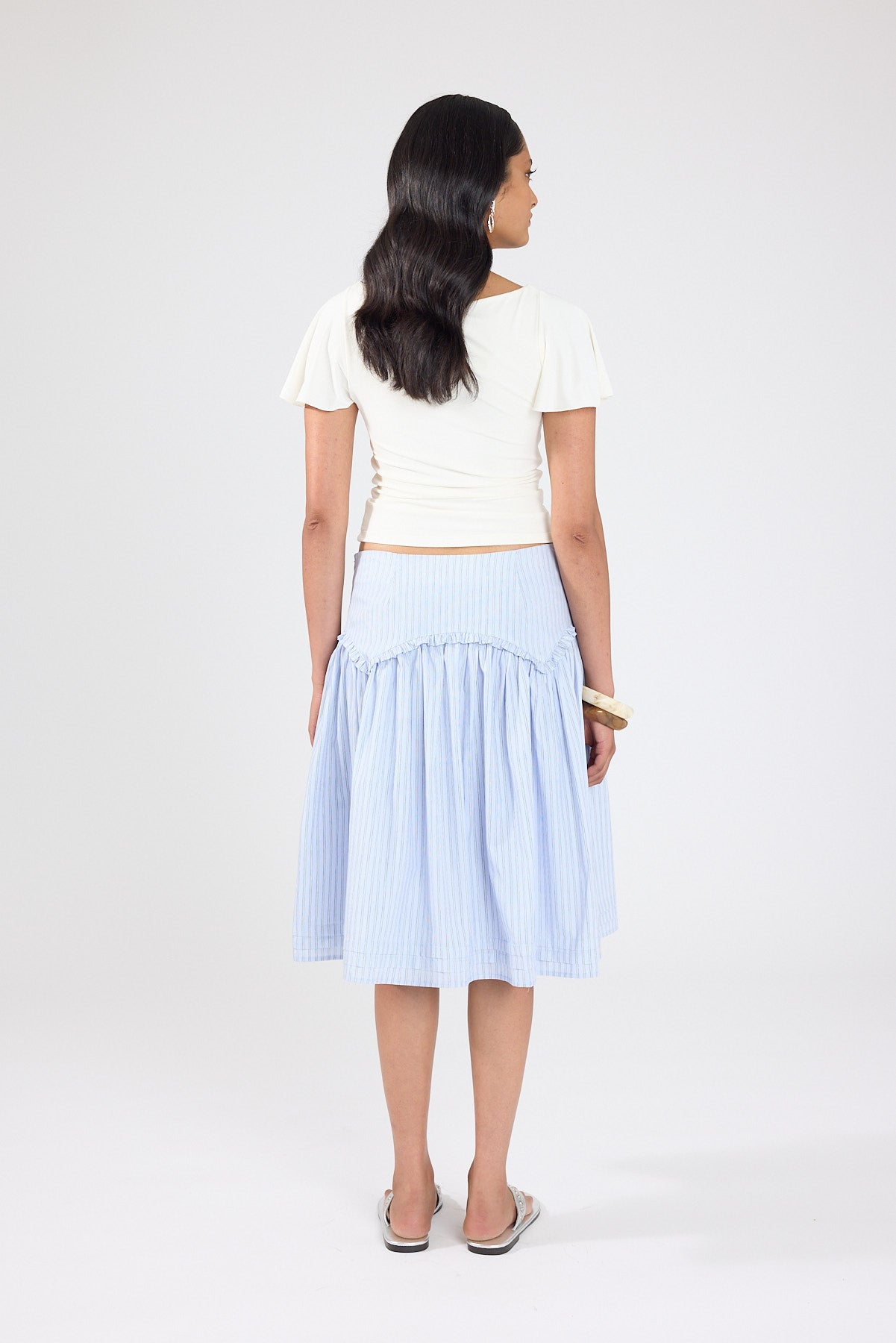 Perfect Stranger Montel Mid Rise Midi Skirt Blue Stripe