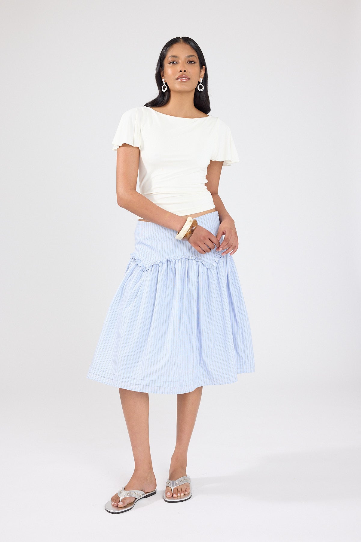 Perfect Stranger Montel Mid Rise Midi Skirt Blue Stripe