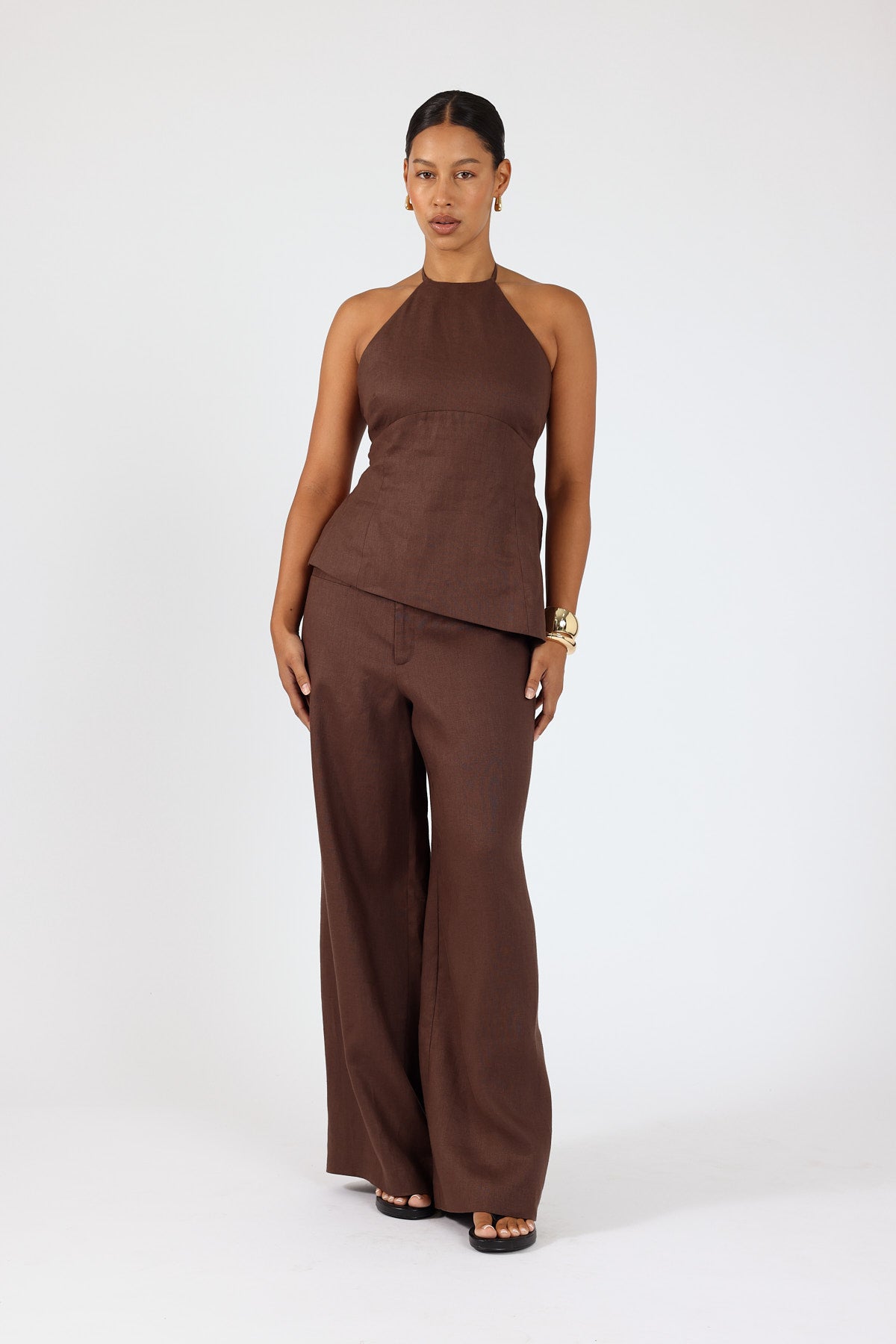 Perfect Stranger Reese Mid Rise Linen Pants Brown