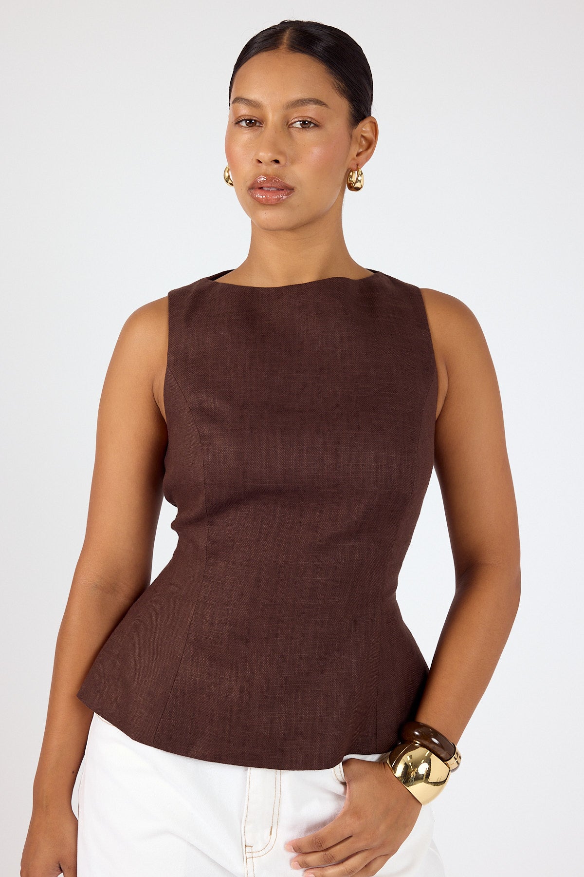 Perfect Stranger Menorca Boat Neck Top Brown