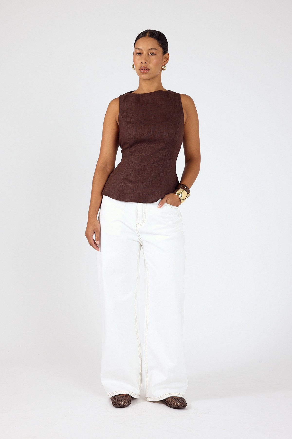 Perfect Stranger Menorca Boat Neck Top Brown