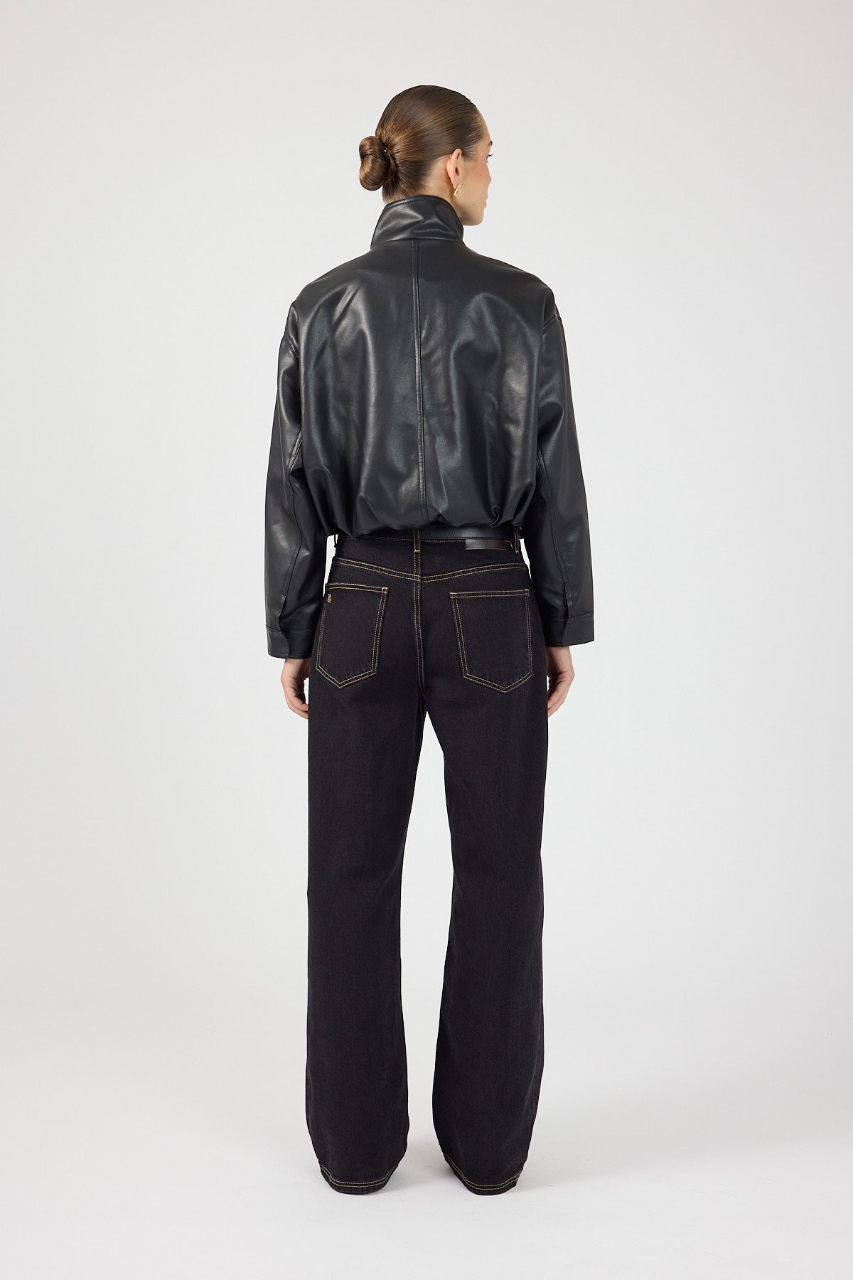 Perfect Stranger Leo Funnel Neck Faux Leather Bomber Jacket Black