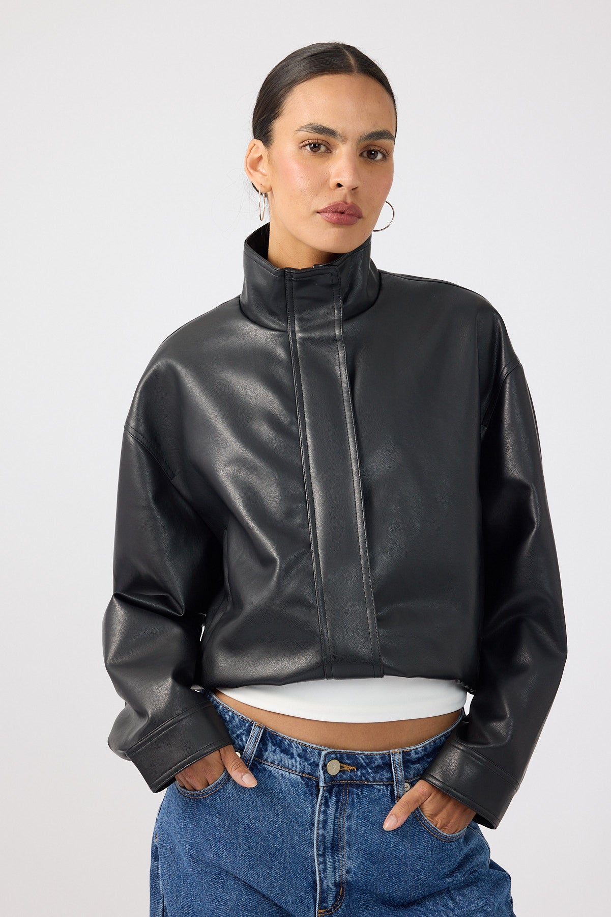 Perfect Stranger Leo Funnel Neck PU Bomber Jacket Black