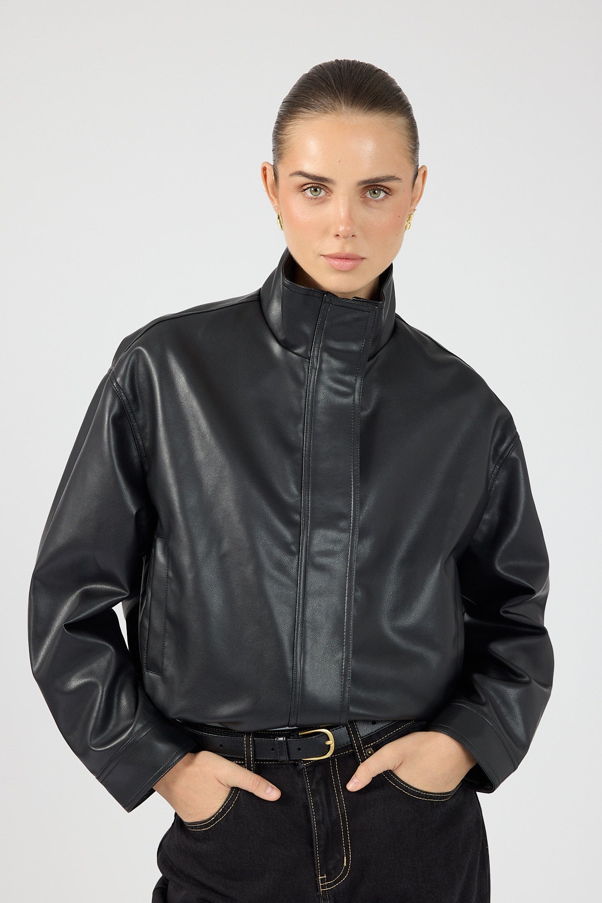 Perfect Stranger Leo Funnel Neck PU Bomber Jacket Black