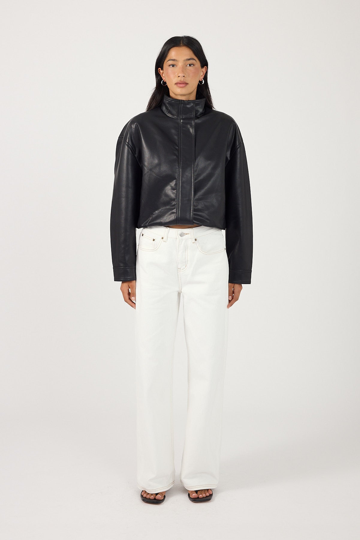 Perfect Stranger Leo Funnel Neck Faux Leather Bomber Jacket Black