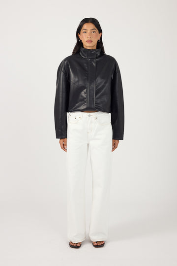 Perfect Stranger Leo Funnel Neck Faux Leather Bomber Jacket Black