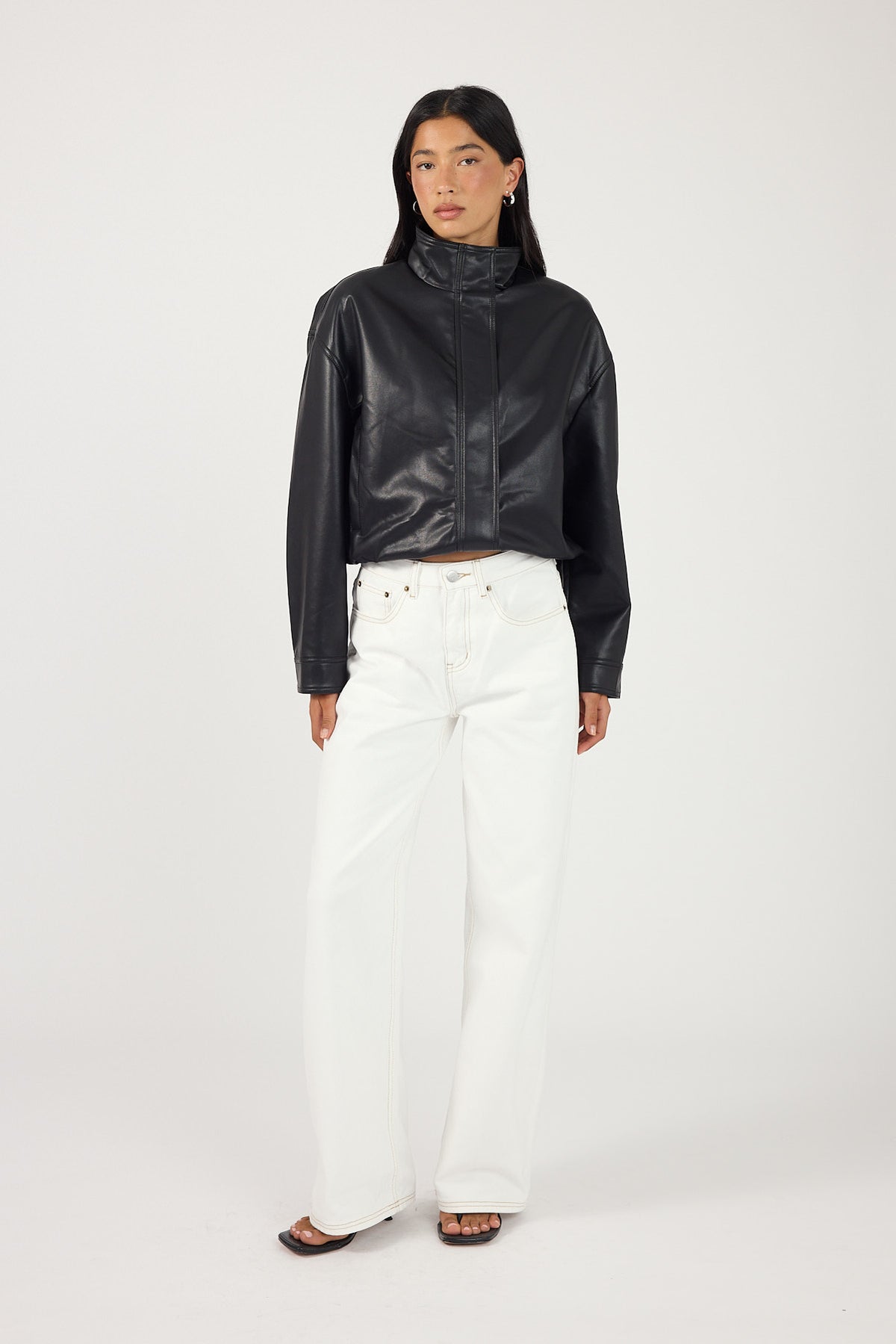 Perfect Stranger Leo Funnel Neck Faux Leather Bomber Jacket Black