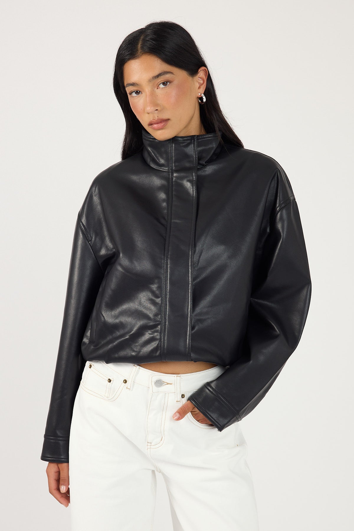 Perfect Stranger Leo Funnel Neck Faux Leather Bomber Jacket Black