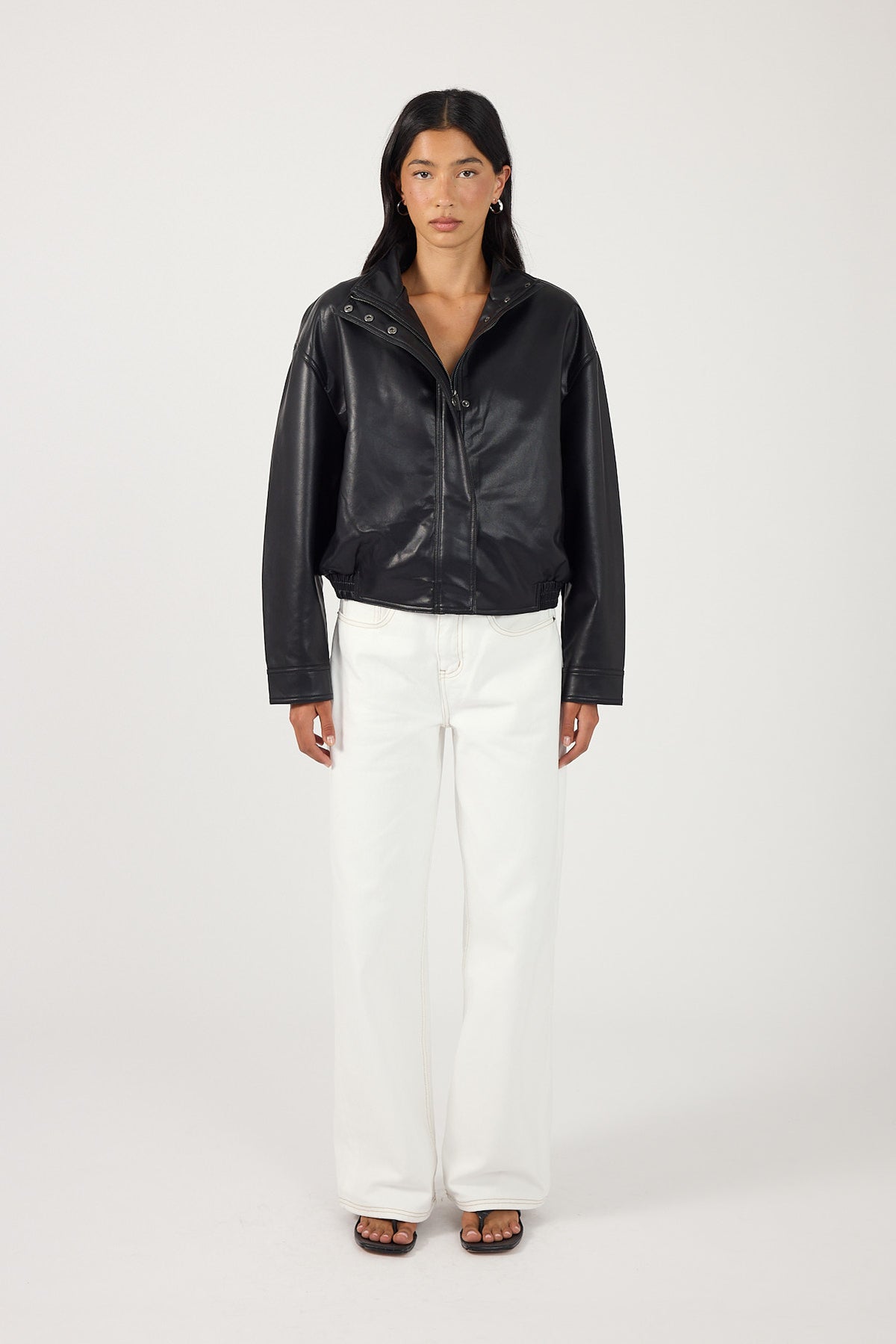 Perfect Stranger Leo Funnel Neck Faux Leather Bomber Jacket Black