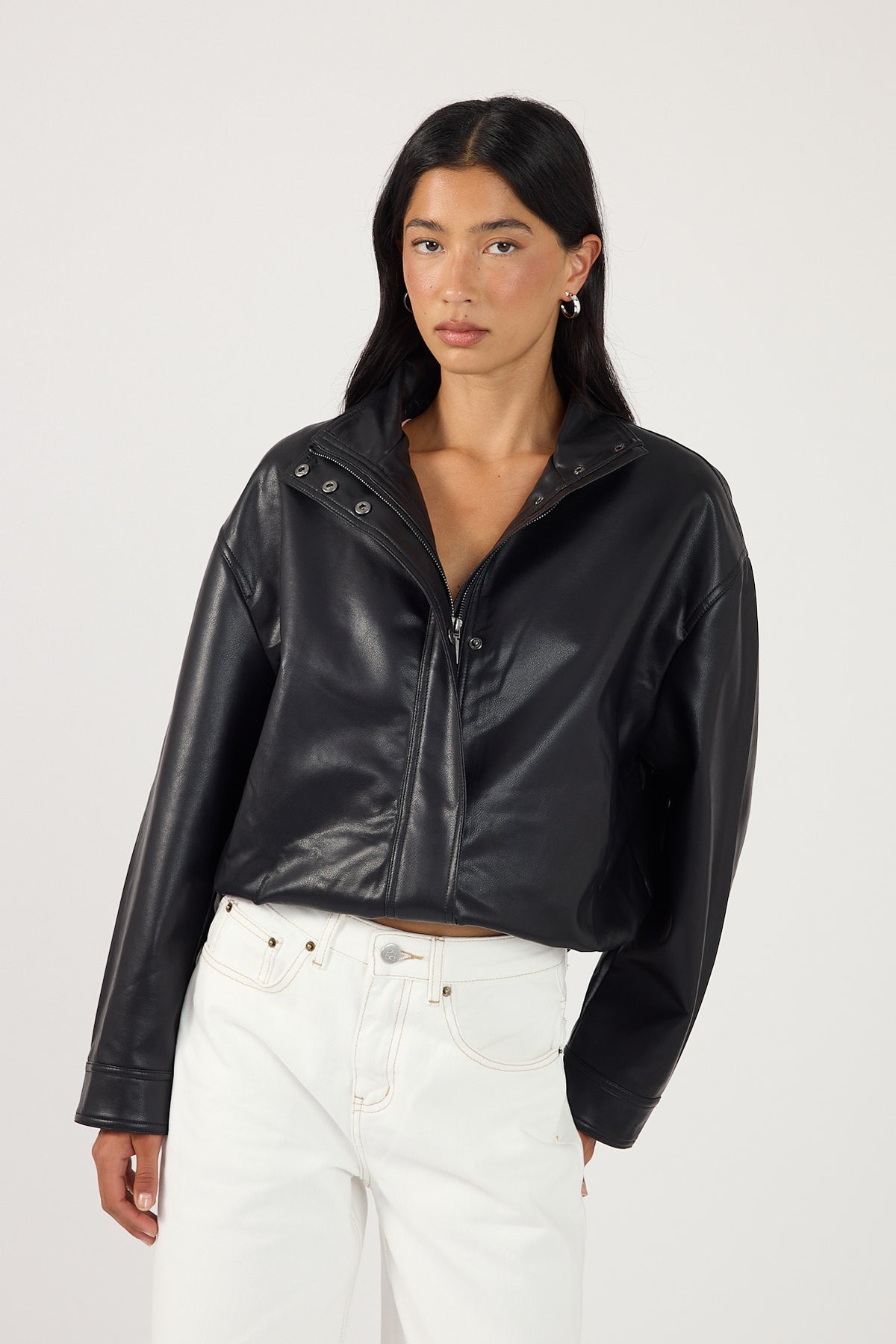 Perfect Stranger Leo Funnel Neck Faux Leather Bomber Jacket Black